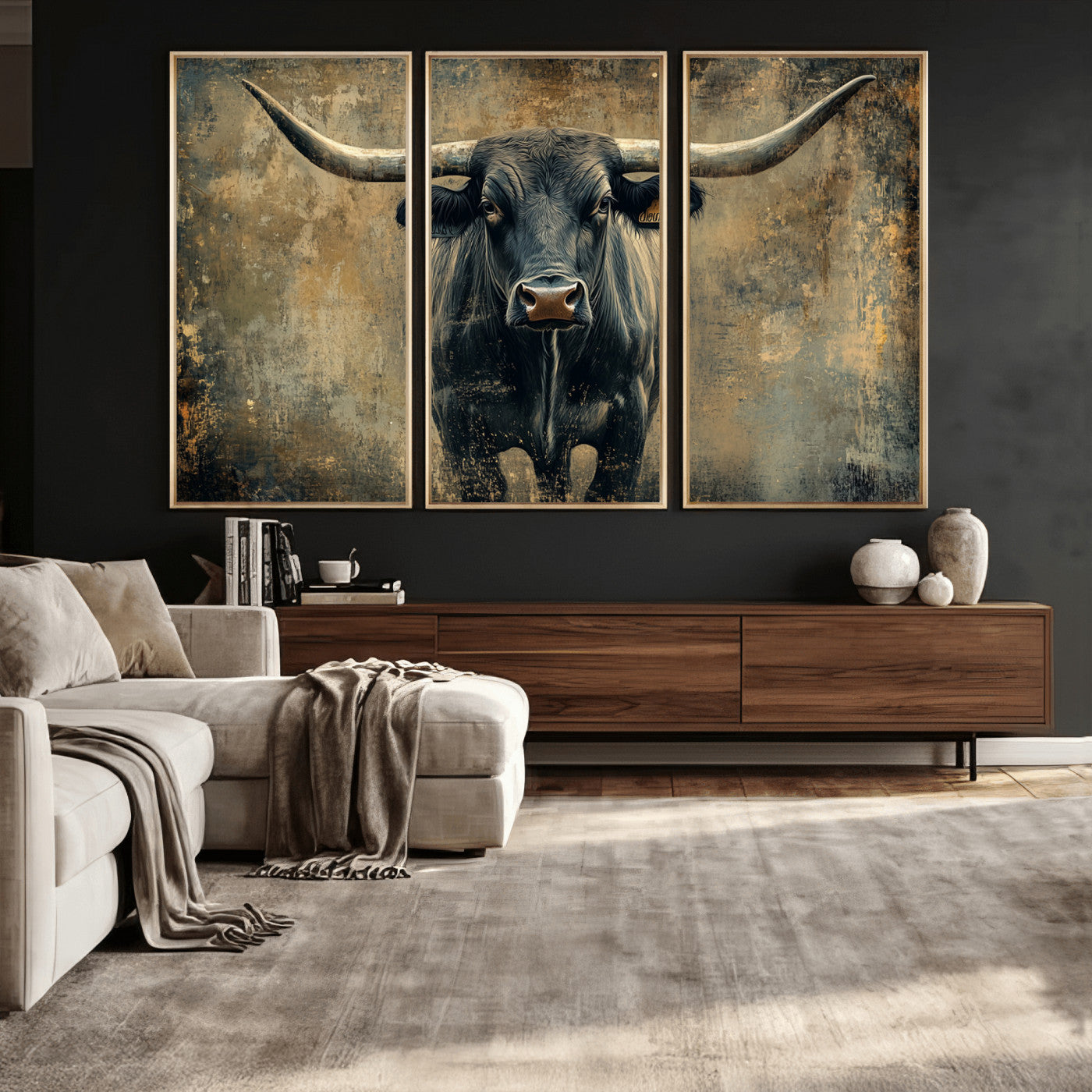 57385-MGV-CV-36X24 - Longhorn Bull Wall Art Canvas Print, Framed Rustic Cow Art Picture Print, Texas Longhorn Perfect Western Decor Artwork