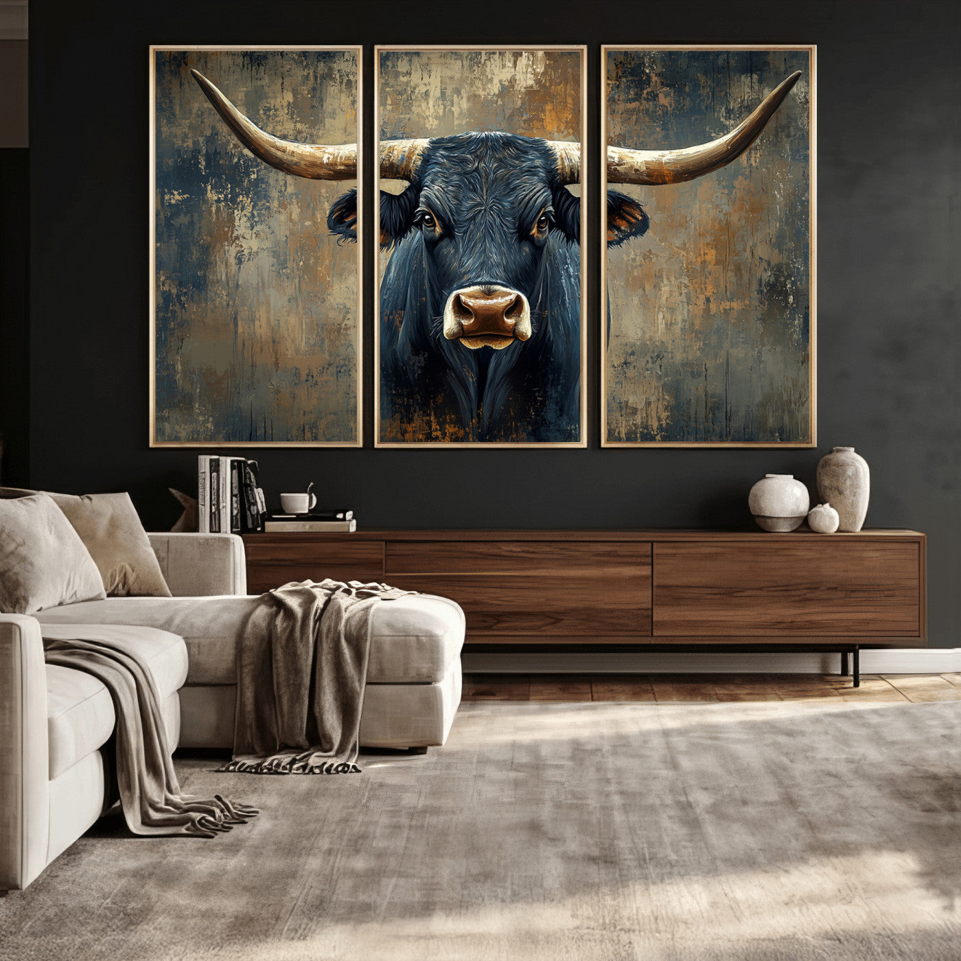 42026-MGV-CV-36X24 - Texas Western Wall Art Canvas Print - Abstract Cow Longhorn Bull Wall Art Canvas Print - Rustic Cow