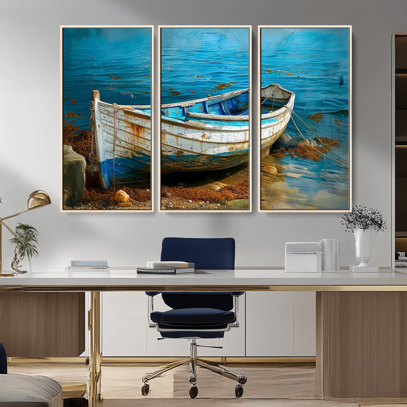 54716-MGV-CV-36X24-Vintage Boat on Tranquil Waters | Coastal Wall Art for Nautical Decor | Rustic Triptych Canvas Print