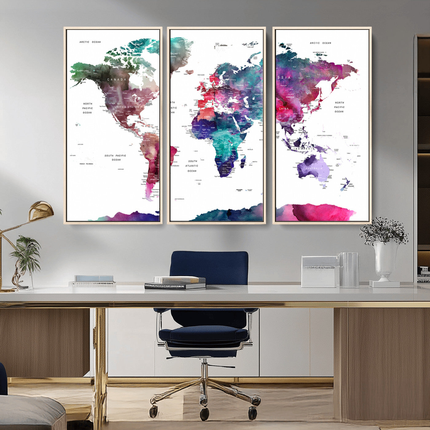 78176-MGV-CV-36X24-Colorful Watercolor World Map Canvas Wall Art – Framed Modern Map Print, Vibrant Travel Inspired Artwork for Home and Office Decor