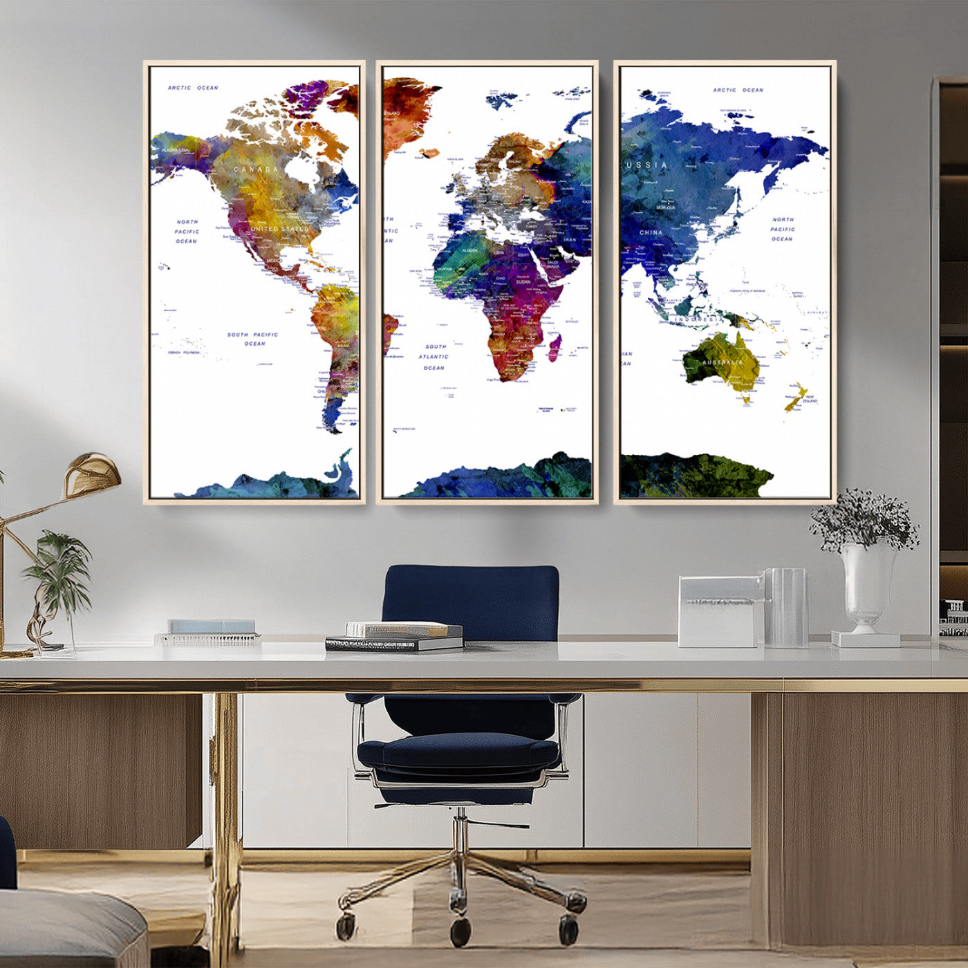 90446-MGV-CV-36X24-Colorful Watercolor World Map Canvas Wall Art – Framed Modern Push Pin Travel Map for Home and Office Decor