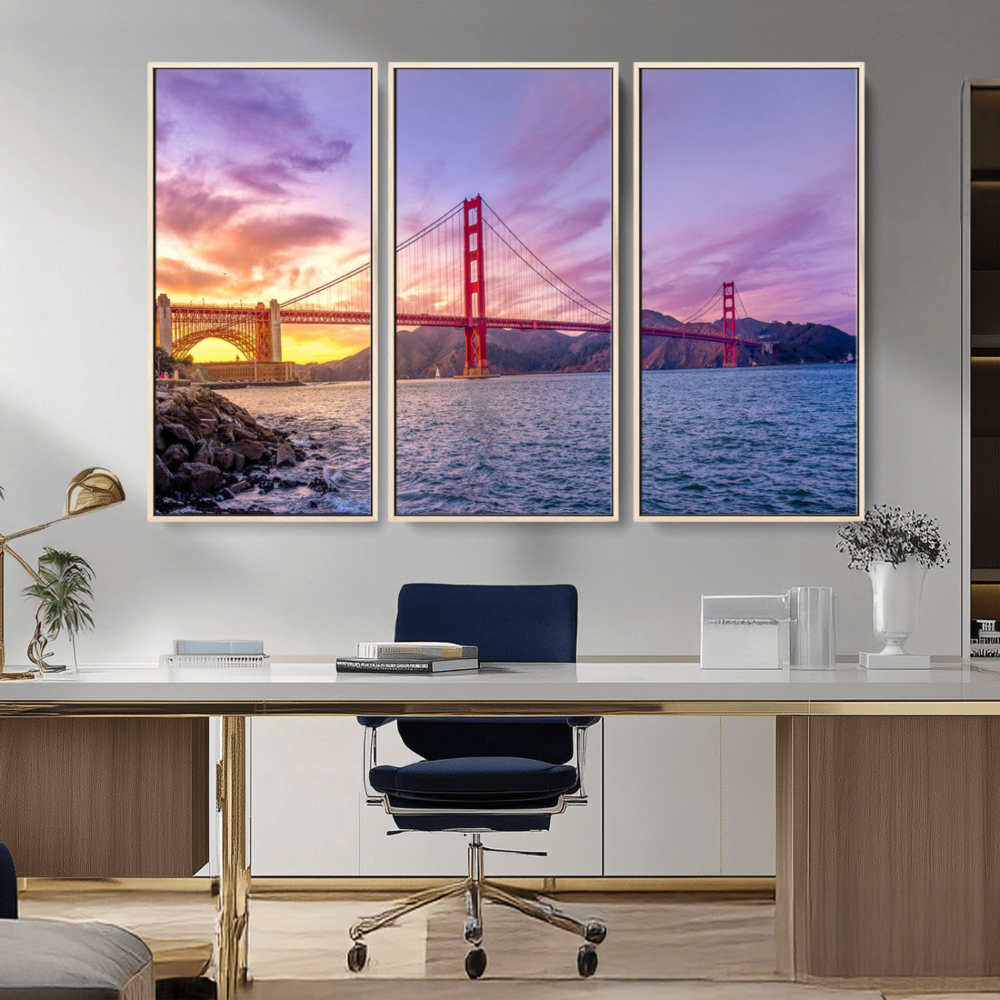 -Golden Gate Bridge Wall Art Canvas Print – Framed San Francisco Sunset Scene with Cityscape Artwork for Home, Office