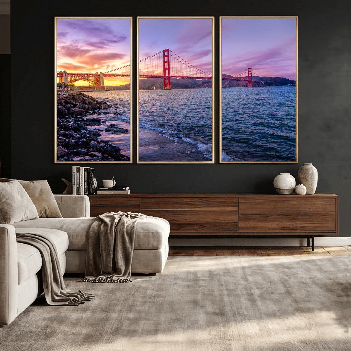 24256-MGV-CV-36X24 - Golden Gate Bridge Wall Art Print, San Francisco Sunset Canvas Wall Art, Cityscape Canvas Print for