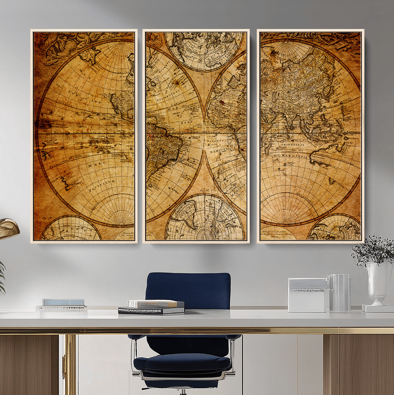 25517-MGV-FC-48X32-3P - Vintage World Map Canvas Print – Antique Push Pin Travel Map, Framed Wall Art for Home or Office Decor