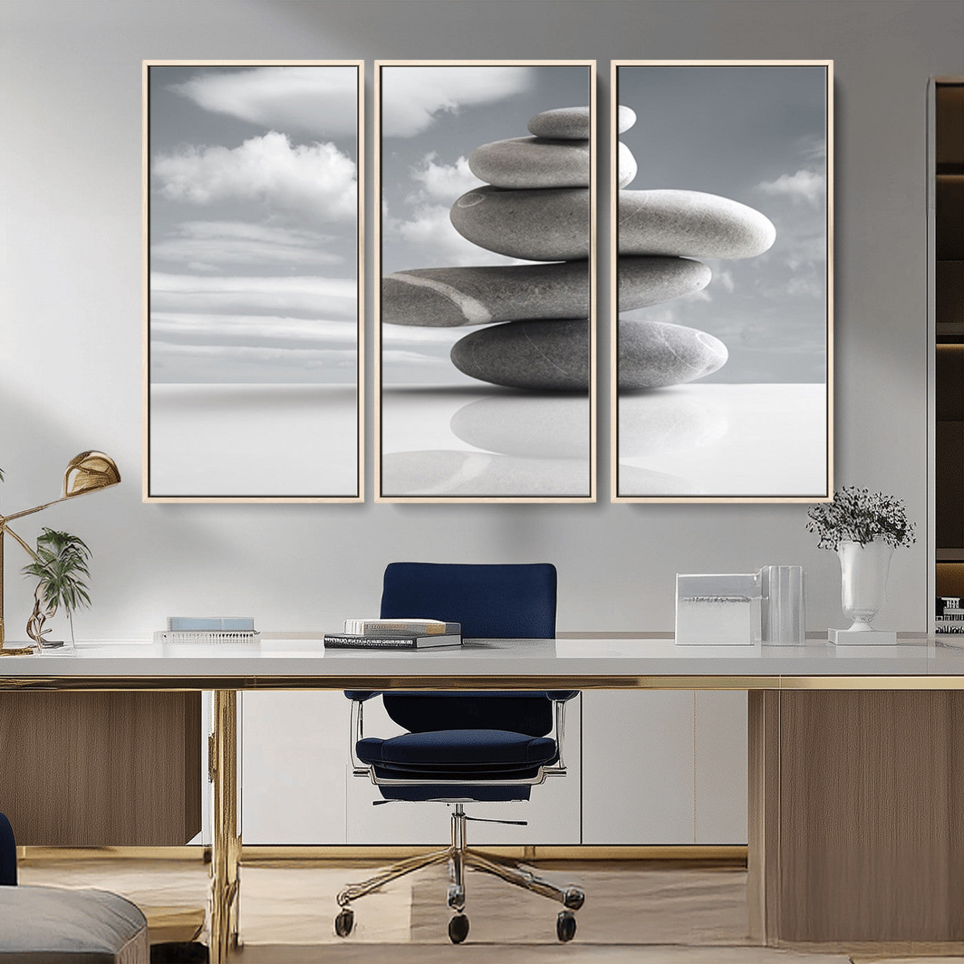 -Still Life Black and White Zen Stones Wall Art Canvas, Framed Black and White Zen Stones Canvas