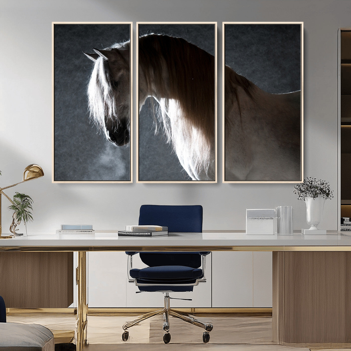 -Large Wall Art Cream Colored Horse on Grey Background Canvas Print