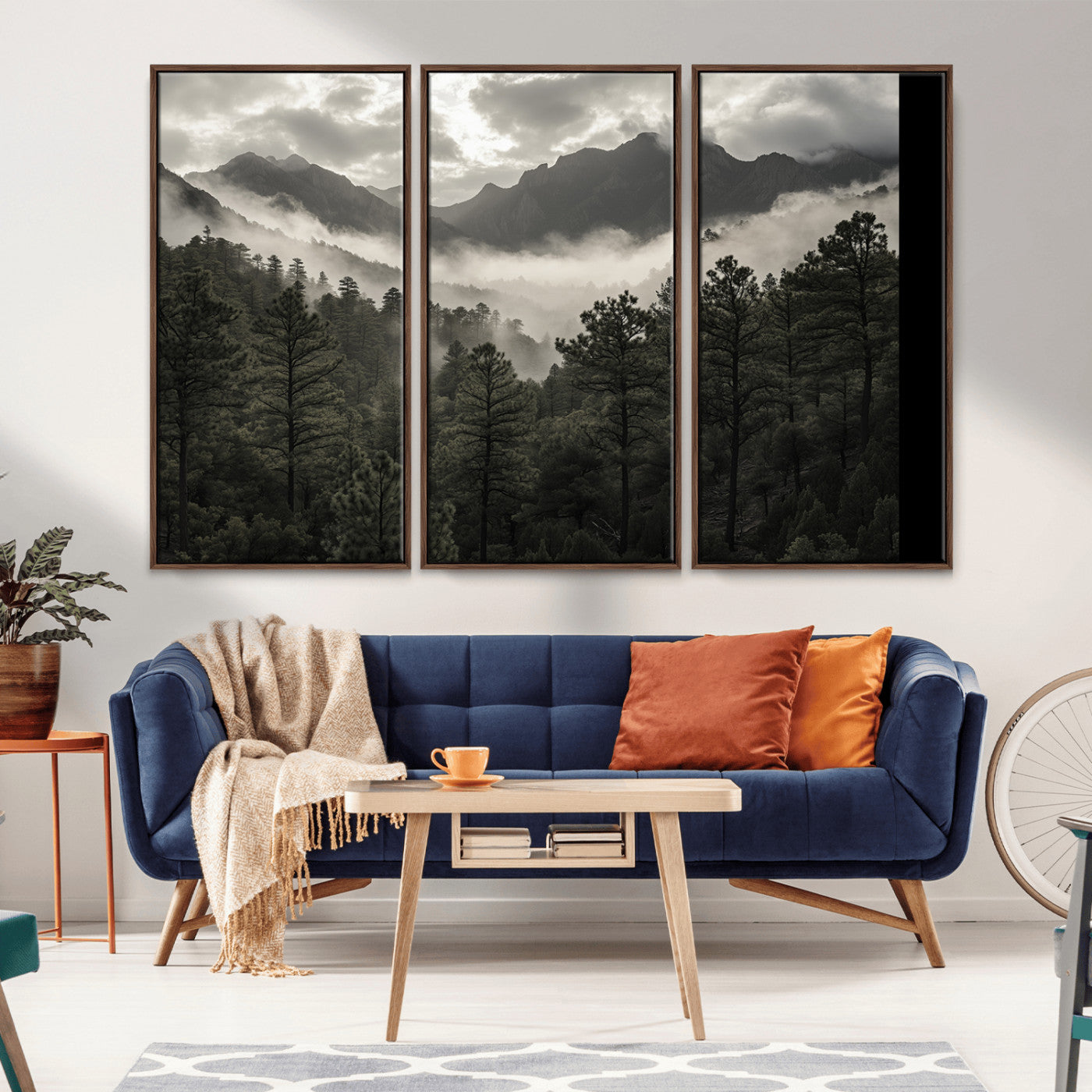 Canvas of moody pine forest and foggy mountain peaks under overcast skies, ideal for calm and rustic woodland-themed home decor.