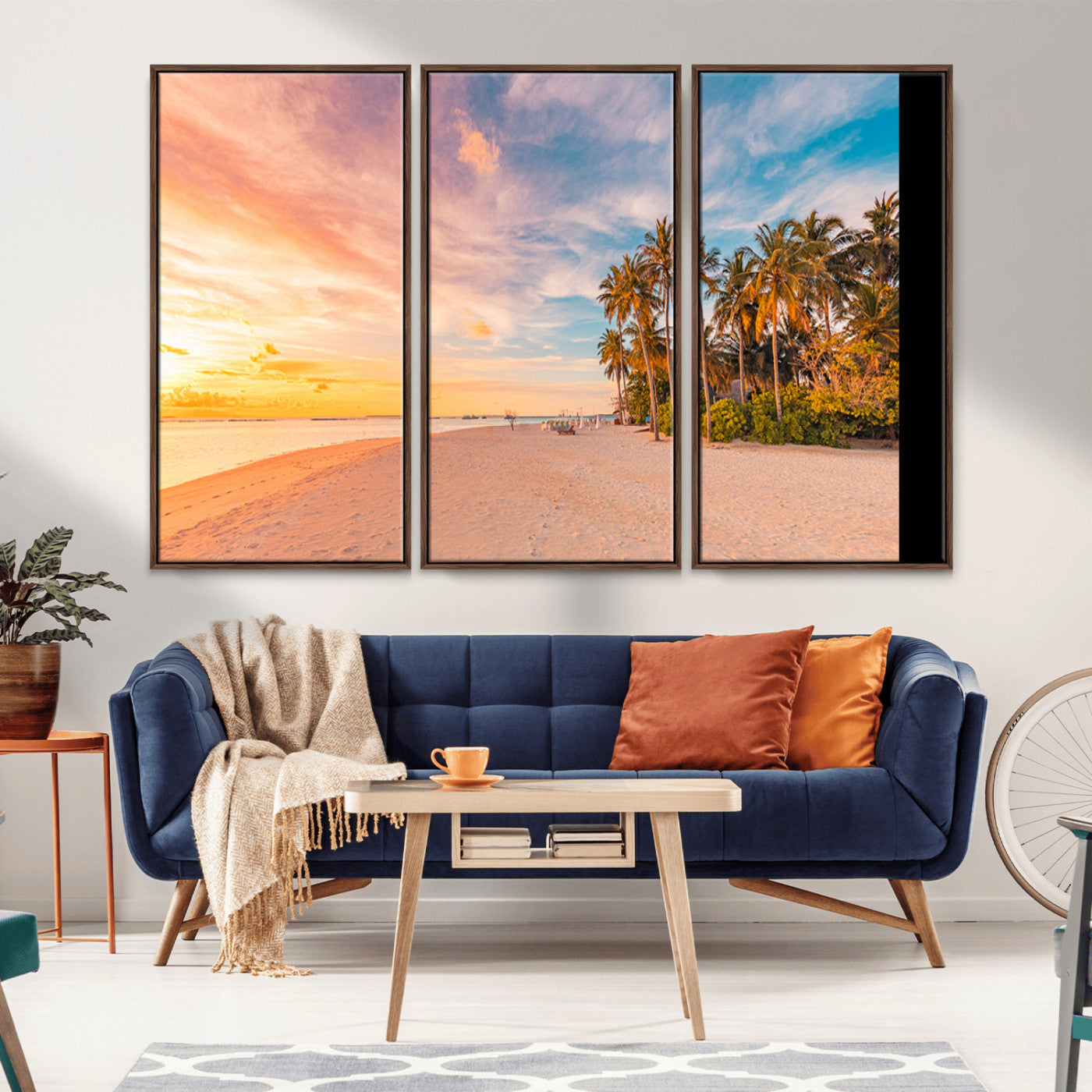 Tropical beach canvas with palm trees and soft sunset tones, ideal for coastal or beach-style home décor in warm pastel hues.