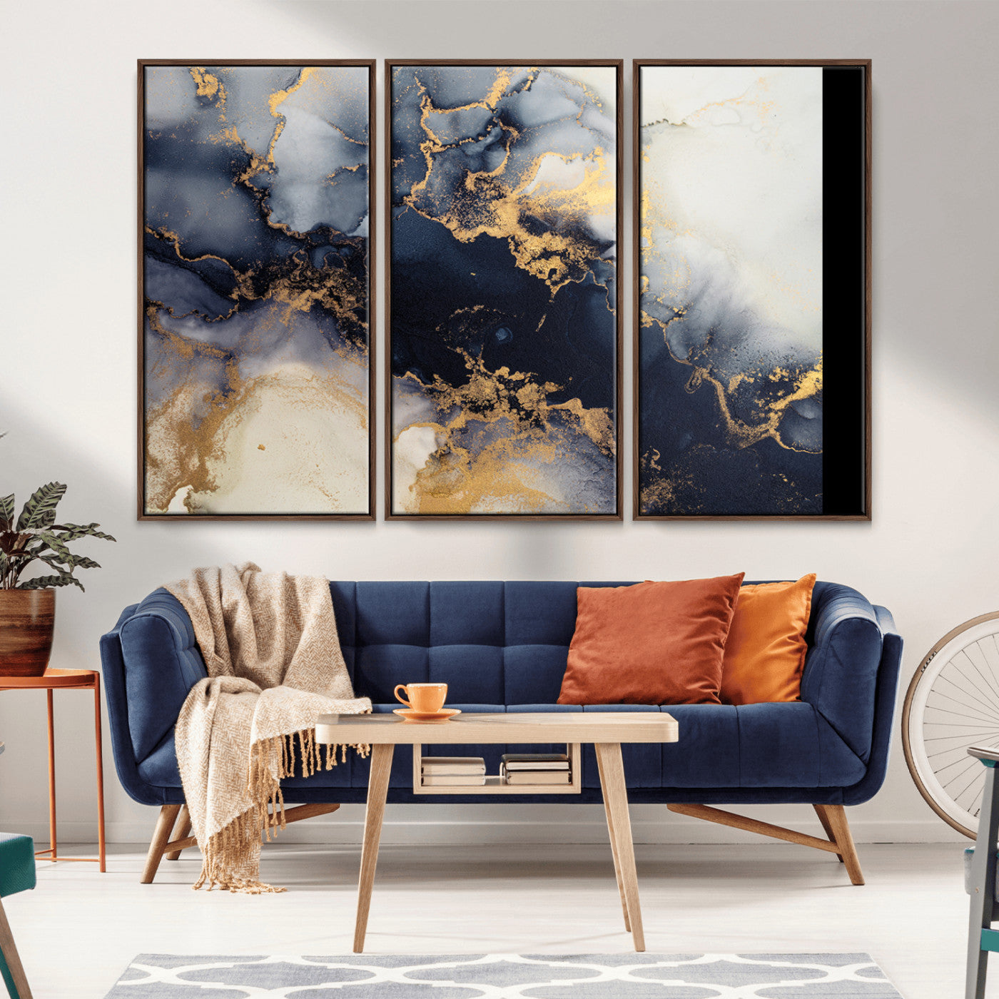 41136487-MGV-CV-48X32-3P-Black Marble Wall Art Canvas Print – Framed Abstract Gold Veins Elegant Luxury Design Decor for Home, Office