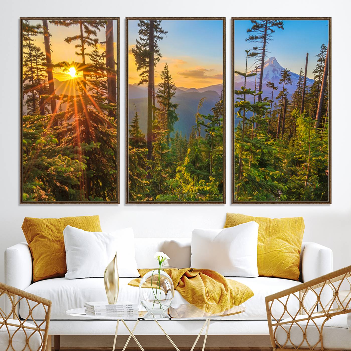 -Forest Sunset Wall Art Canvas Print, Framed Sunset Trees Art Picture Print, Green Pines Perfect