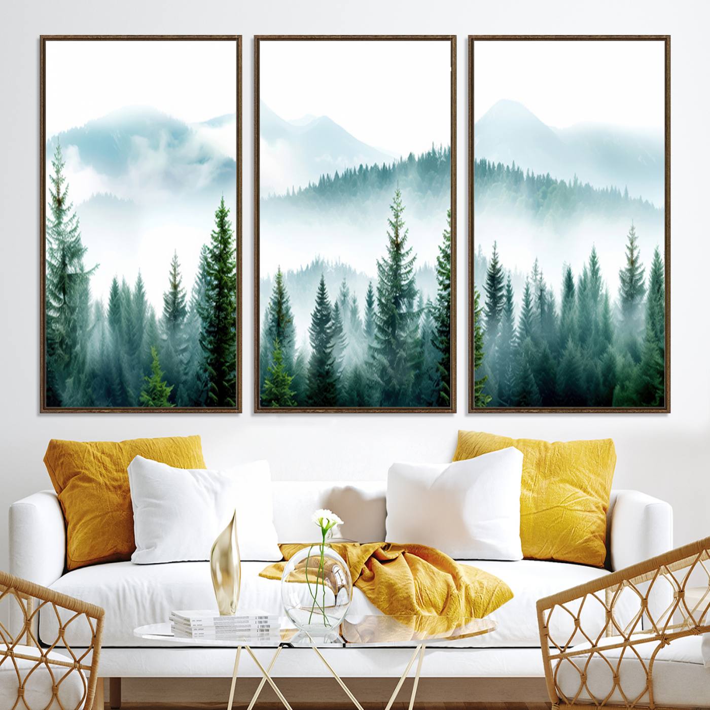-Pine Forest Wall Art Canvas Print, Framed Misty Mountains Art Picture Print, Foggy Trees Perfect