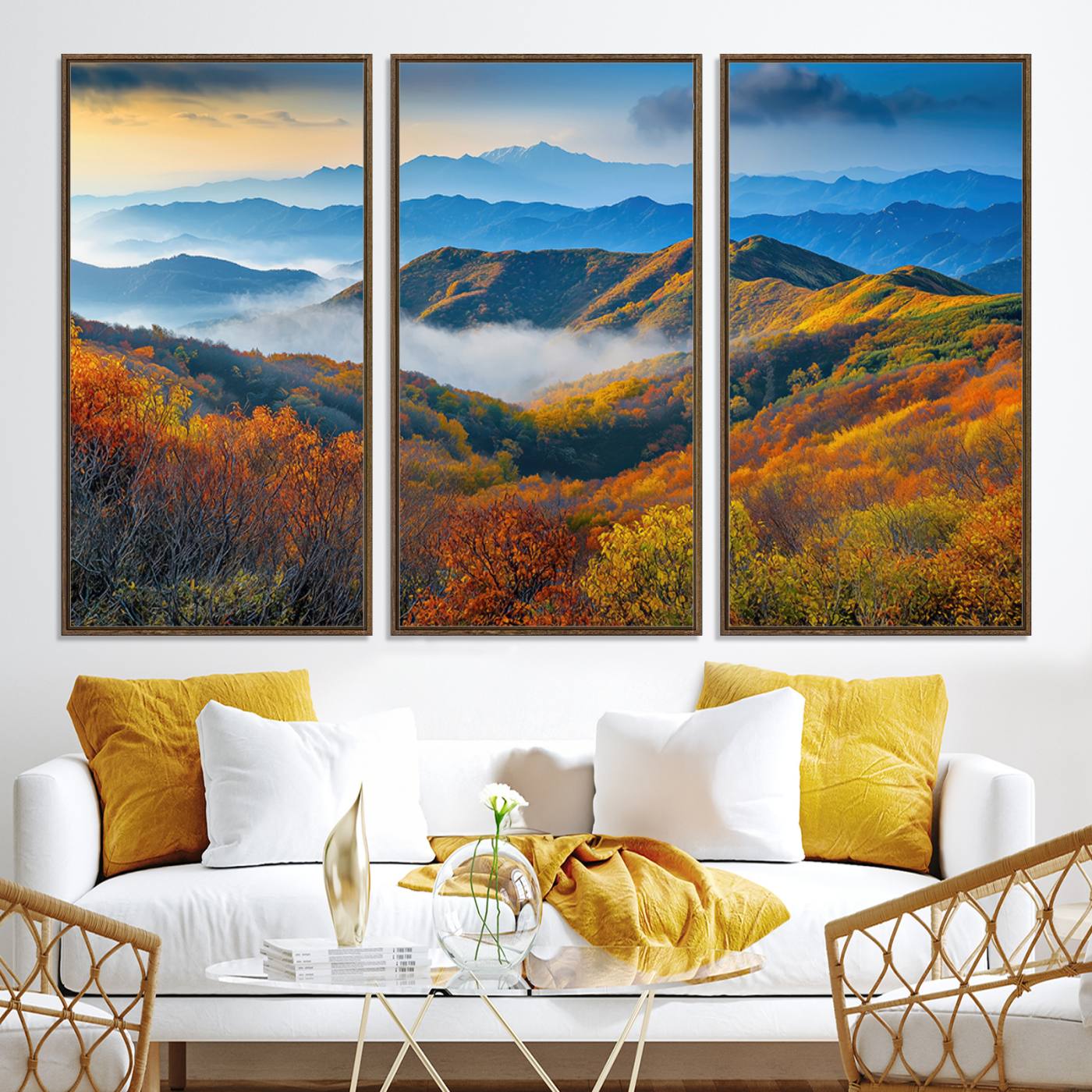 -Autumn Mountains Wall Art Canvas Print, Autumn Mountain Foggy Landscape Wall Art Canvas Print,