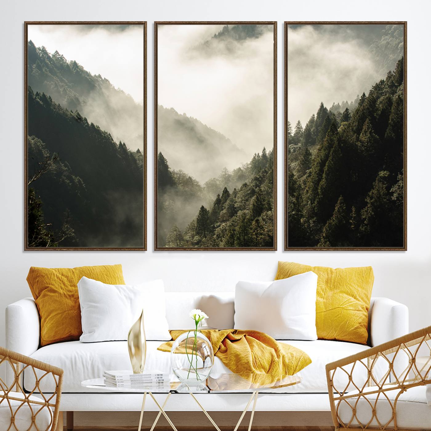 57570237-MGV-CV-36X24-Misty Valley Wall Art Canvas Print – Foggy Forest Pine Trees Serene Woodland Landscape Artwork for Home Office