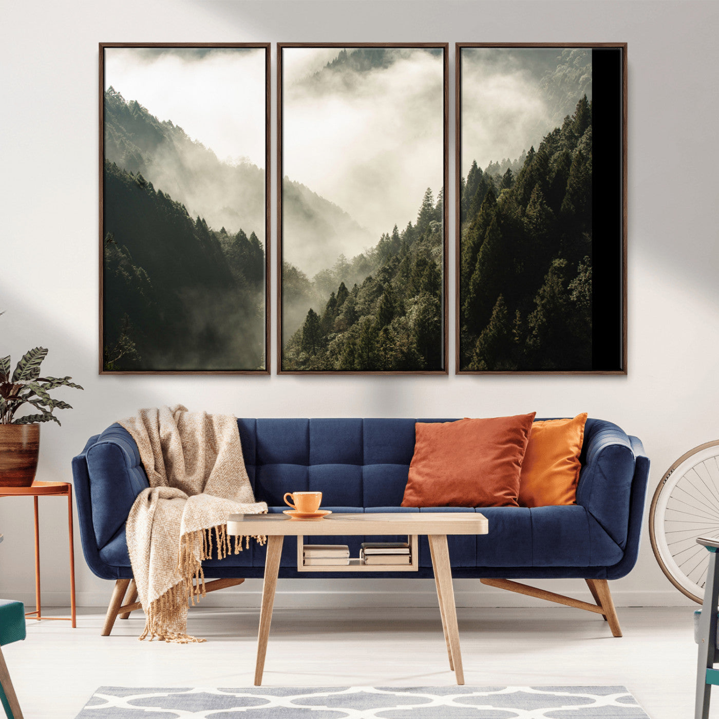 Canvas showing a misty pine forest valley with layered green hills and soft fog, perfect for moody or nature-themed decor styles.