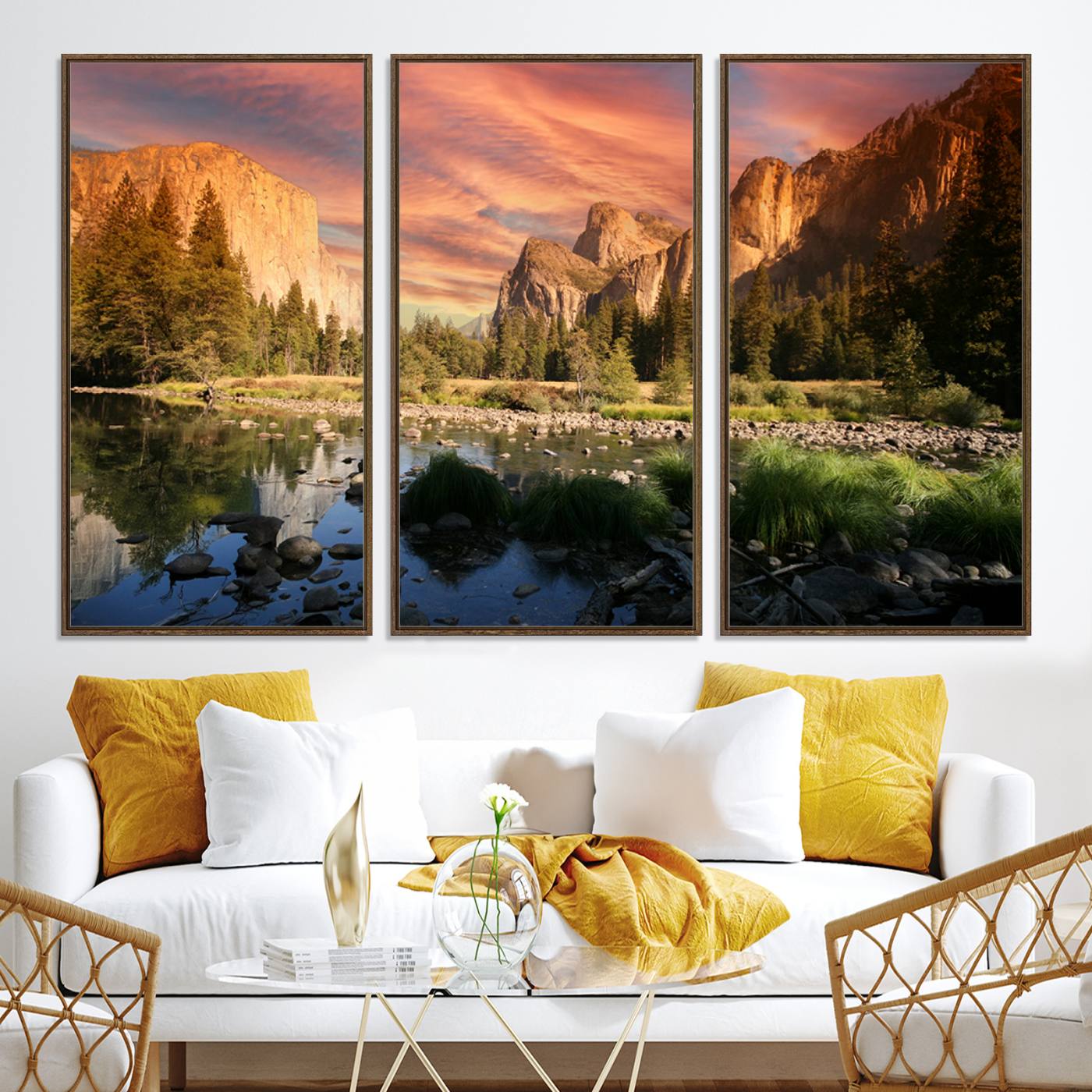 -Yosemite Valley Canvas Wall Art, Framed El Capitan Art Picture Print, Sunset Sky Perfect Vibrant