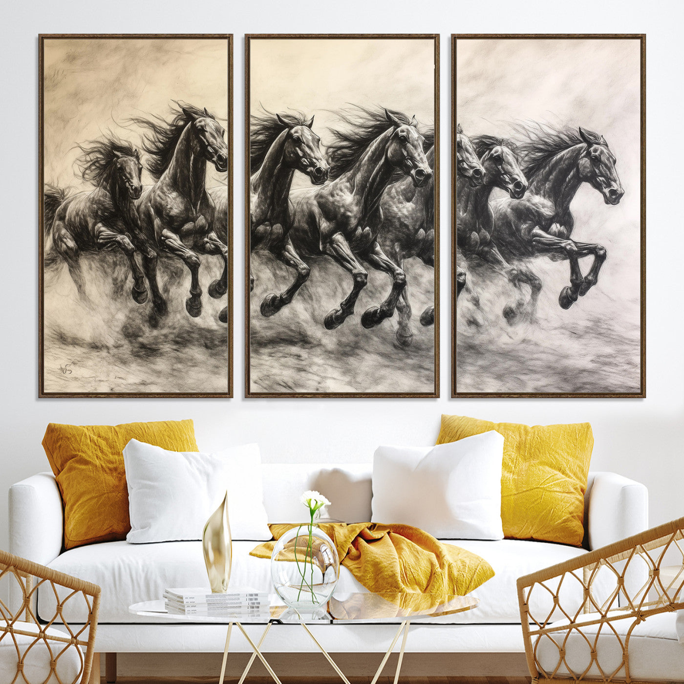 -Galloping Horses Wall Art Canvas Print, Framed Wild Stallions Art Picture Print, Horse Herd Sketch