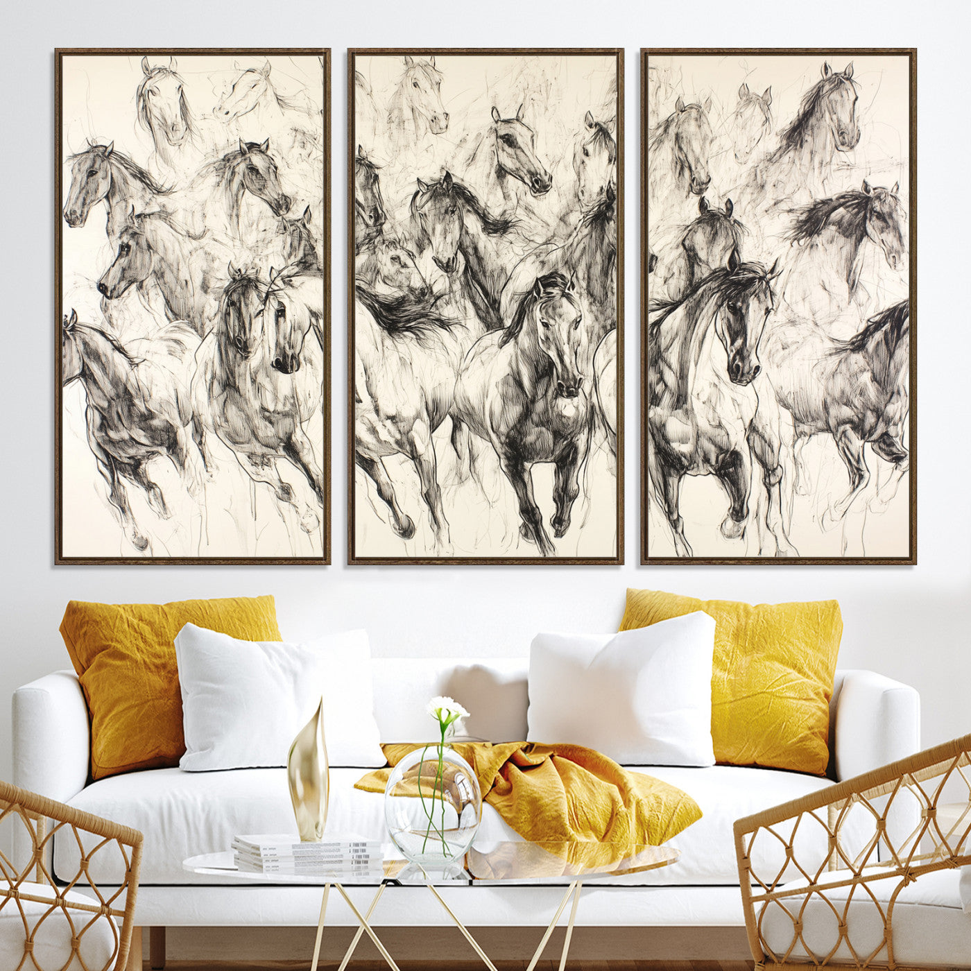 19433417-MGV-CV-36X24-Running Horses Wall Art Canvas Print – Framed Galloping Herd Dynamic Equestrian Sketch Nature Artwork for Home Office