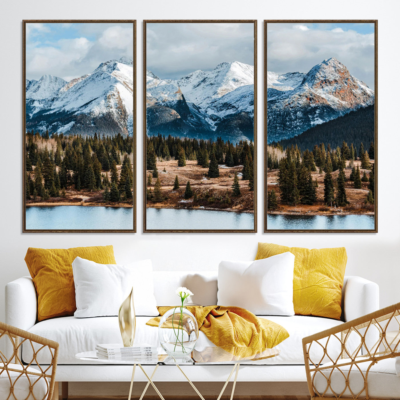 -Snowy Peaks Wall Art Canvas Print, Framed Alpine Lake Art Picture Print, Pine Forest Perfect Alpine