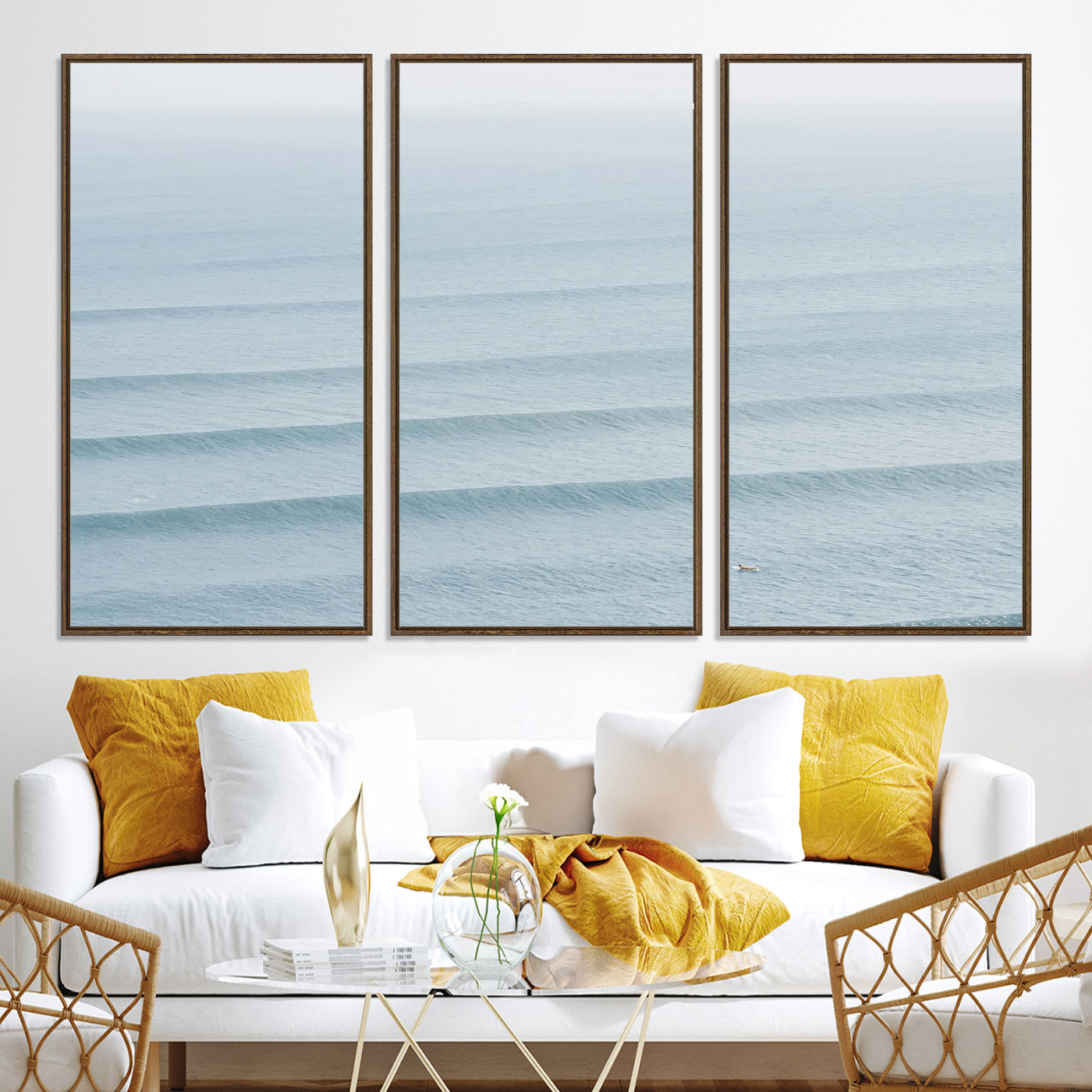 -Ocean Waves Wall Art Canvas Print, Framed Solo Surfer Art Picture Print, Wave Lines Perfect