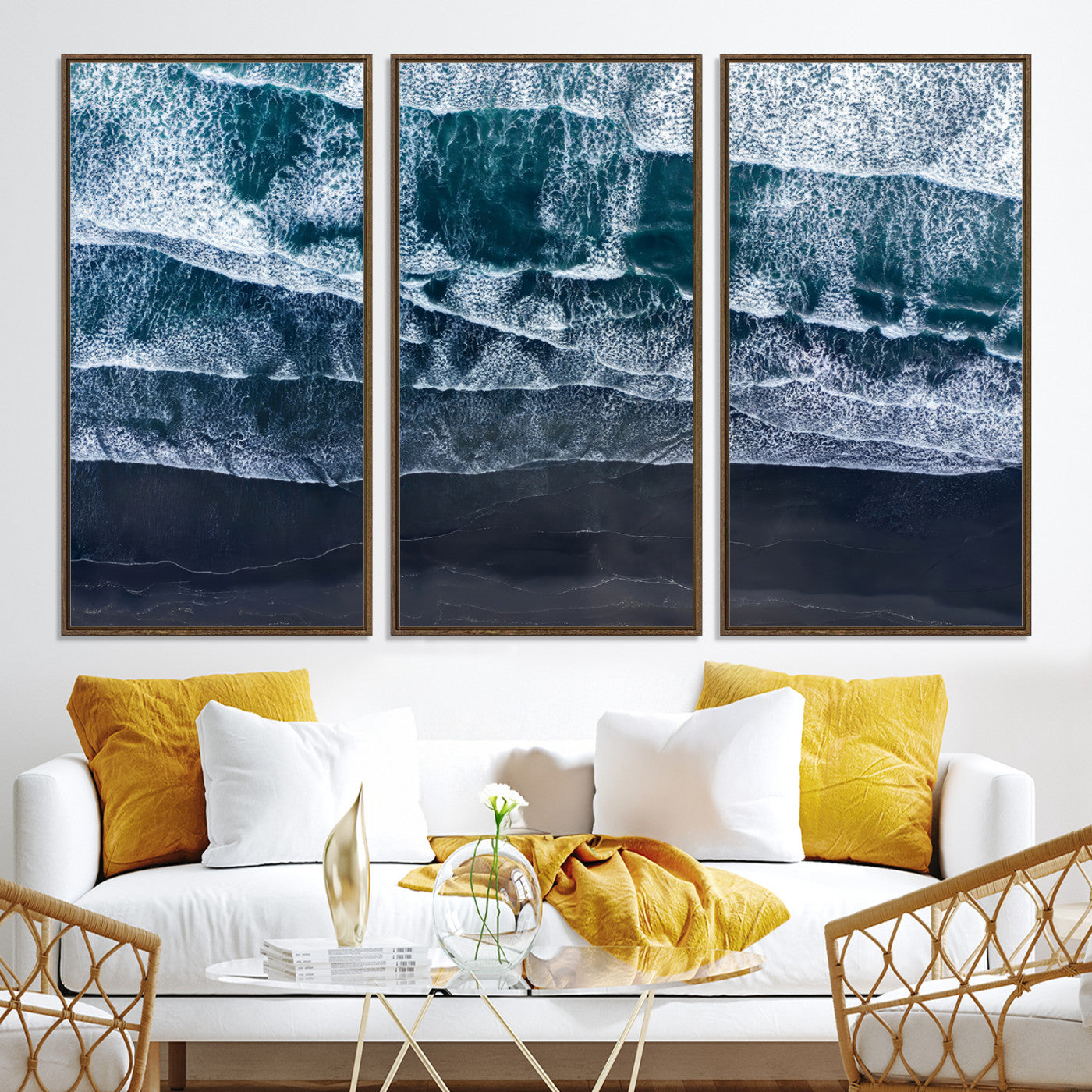 87941475-MGV-CV-36X24-Black Beach Wall Art Canvas Print – Framed Aerial Ocean View Moody Coastal Seascape Nature Artwork for Home Office