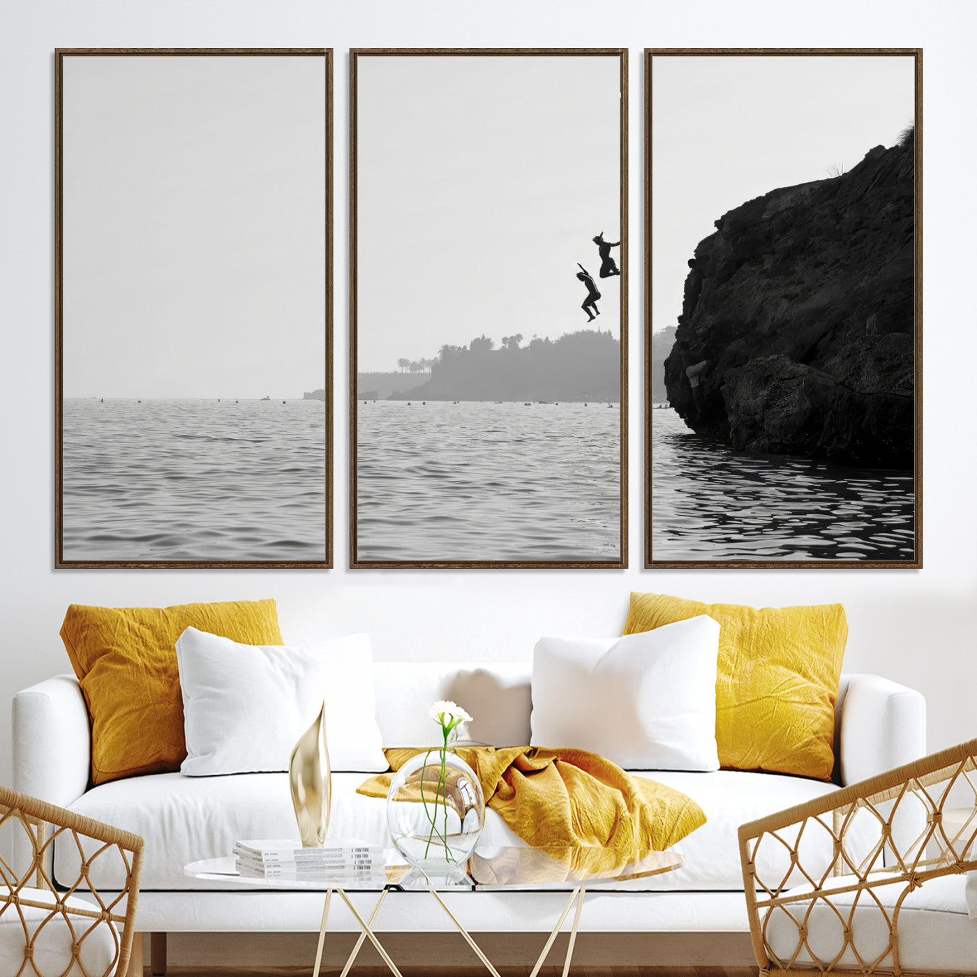 52284302-MGV-CV-36X24-Jumping Wall Art Canvas Print – Framed Coastal Ocean Scene Artwork for Relaxing Beach Home, Office Decor