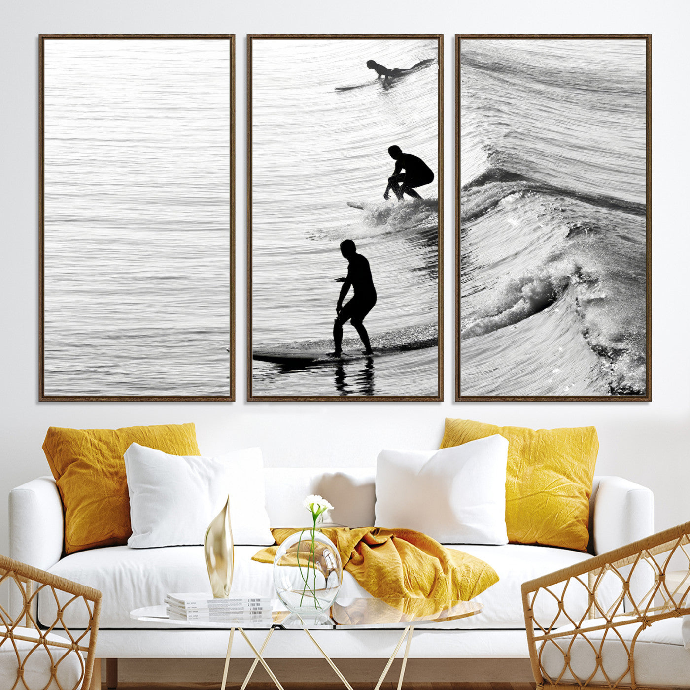 -Surfers on Waves Wall Art Canvas Print, Framed Black White Surf Art Picture Print, Monochrome Ocean