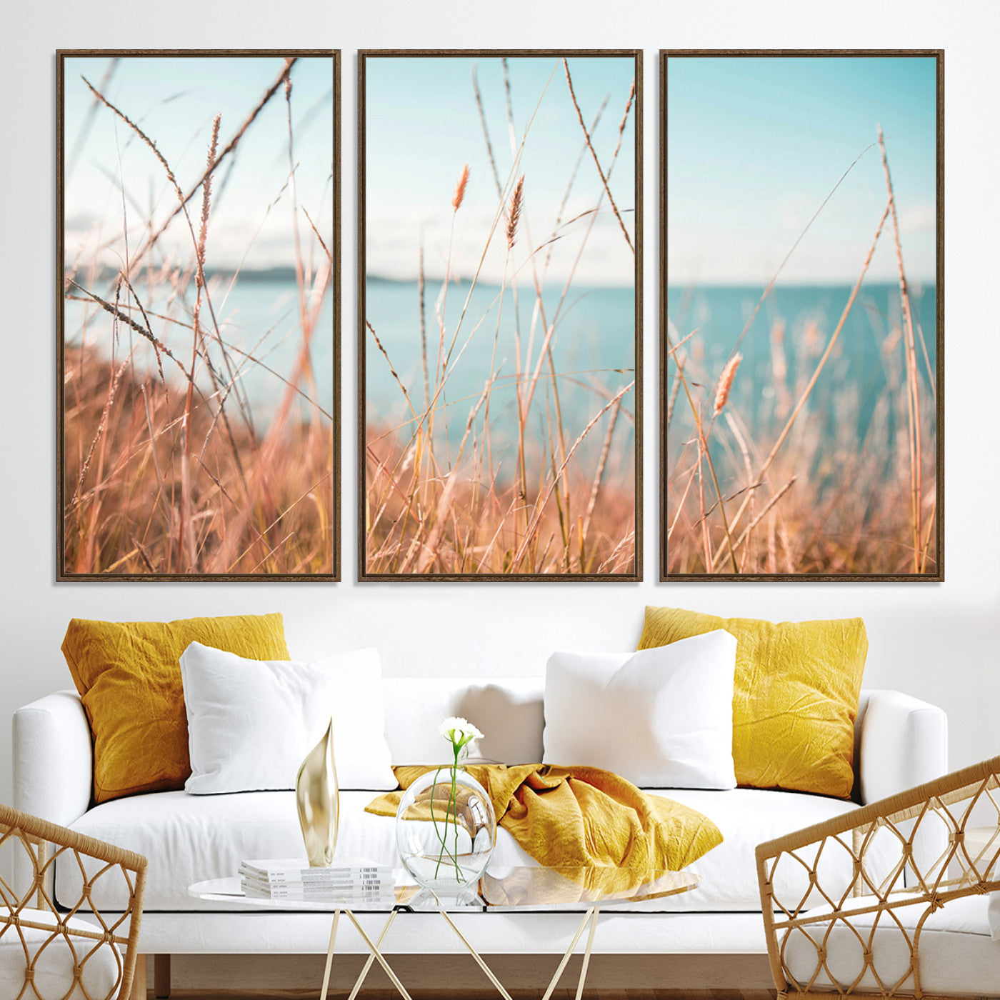 36108696-MGV-CV-36X24-Coastal Grass Landscape Wall Art Canvas Print – Golden Shoreline Nature Scene Serene Ocean View Artwork for Home Office