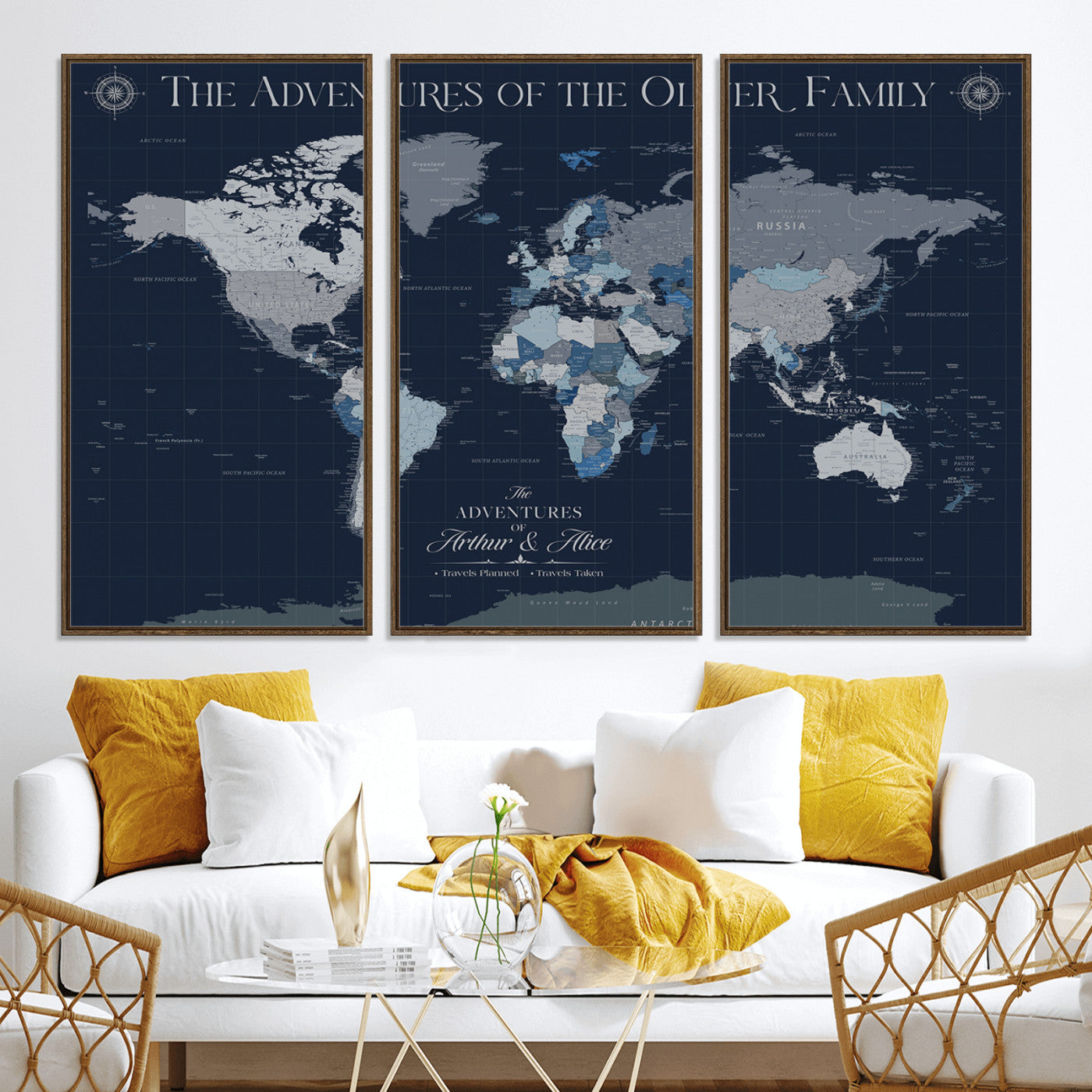 -Personalized Family Adventure World Map – Custom Framed Push Pin Travel Tracker Canvas, Elegant Wall Art for Home, Office