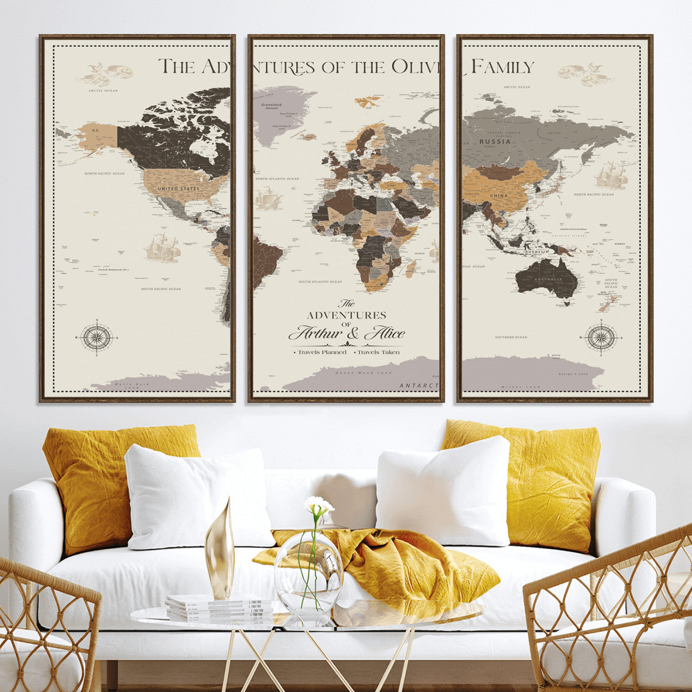 -Personalized Family Adventure World Map Canvas – Custom Framed Push Pin Travel Tracker, Wall Art Gift for Home, Office