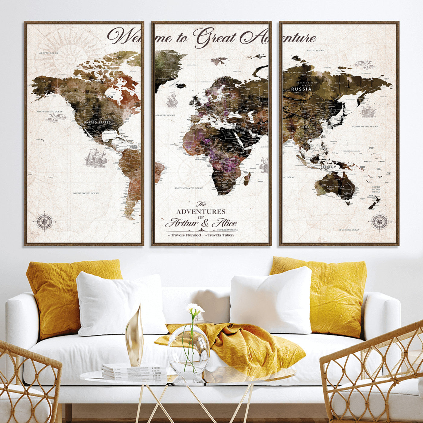 -Personalized World Map Canvas Custom Framed Push Pin Travel Tracker Vintage Adventure Wall Art Gift Couples Travelers Home, Office