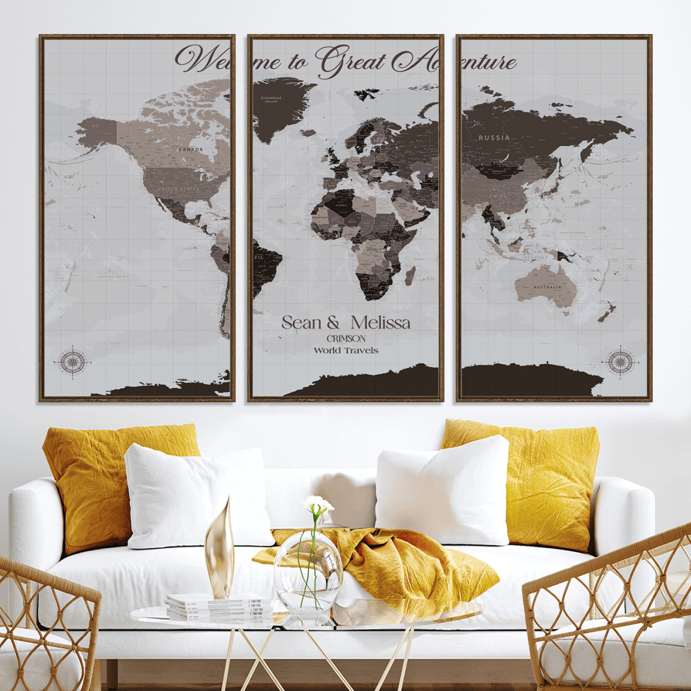 -Personalized Gray Brown World Map Canvas Custom Framed Push Pin Travel Tracker Modern Neutral Wall Art Gift Couples for Home, Office