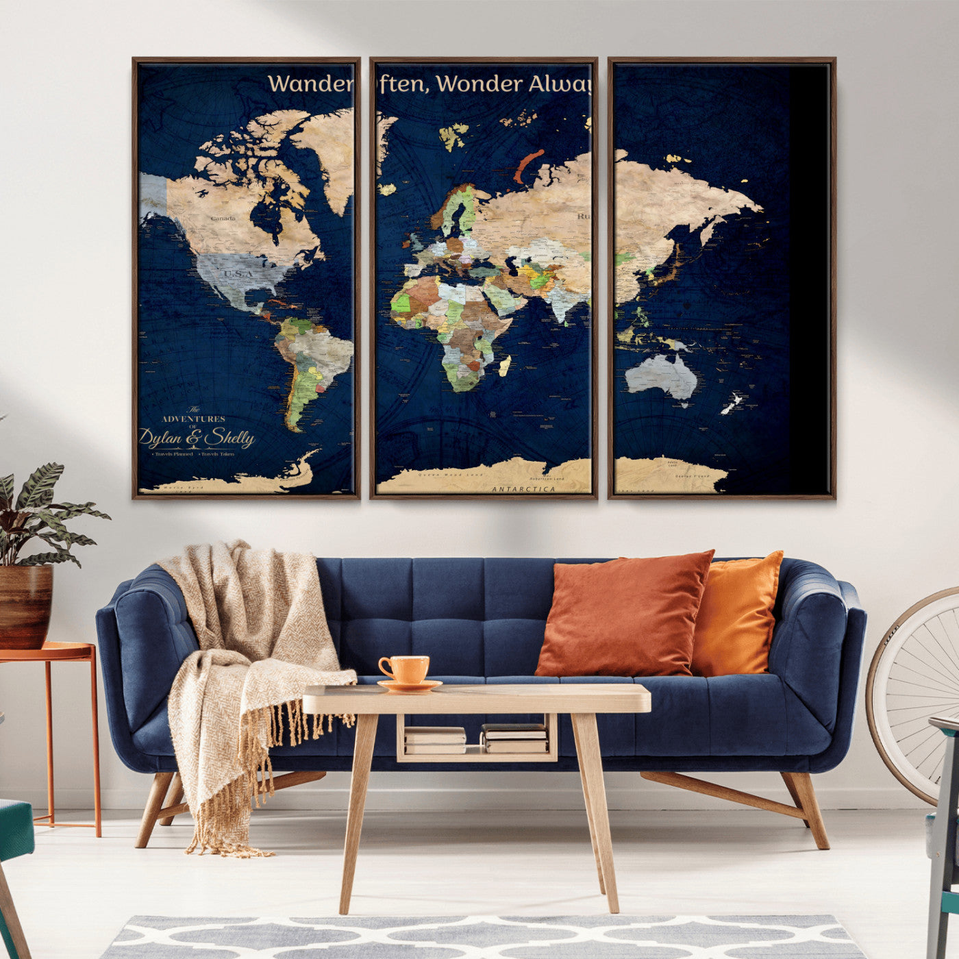 Rehber01-MGV-CV-36X24-Personalized World Map Canvas – Custom Framed Push Pin Travel Map Wall Art, Navy Blue Vintage Gift for Couples and Adventurers