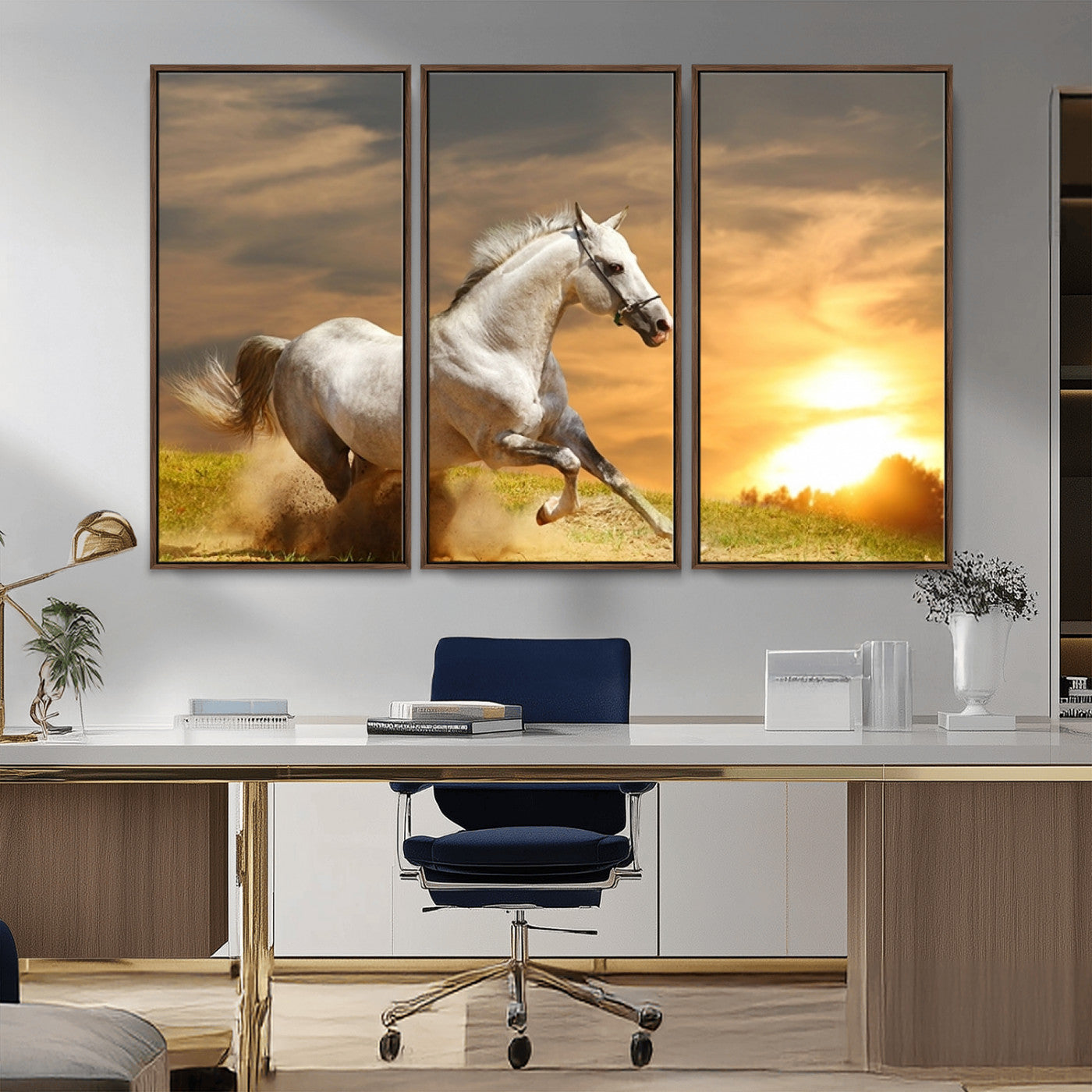 -Large Wall Art Galloping White Horse at Sunset Canvas Print