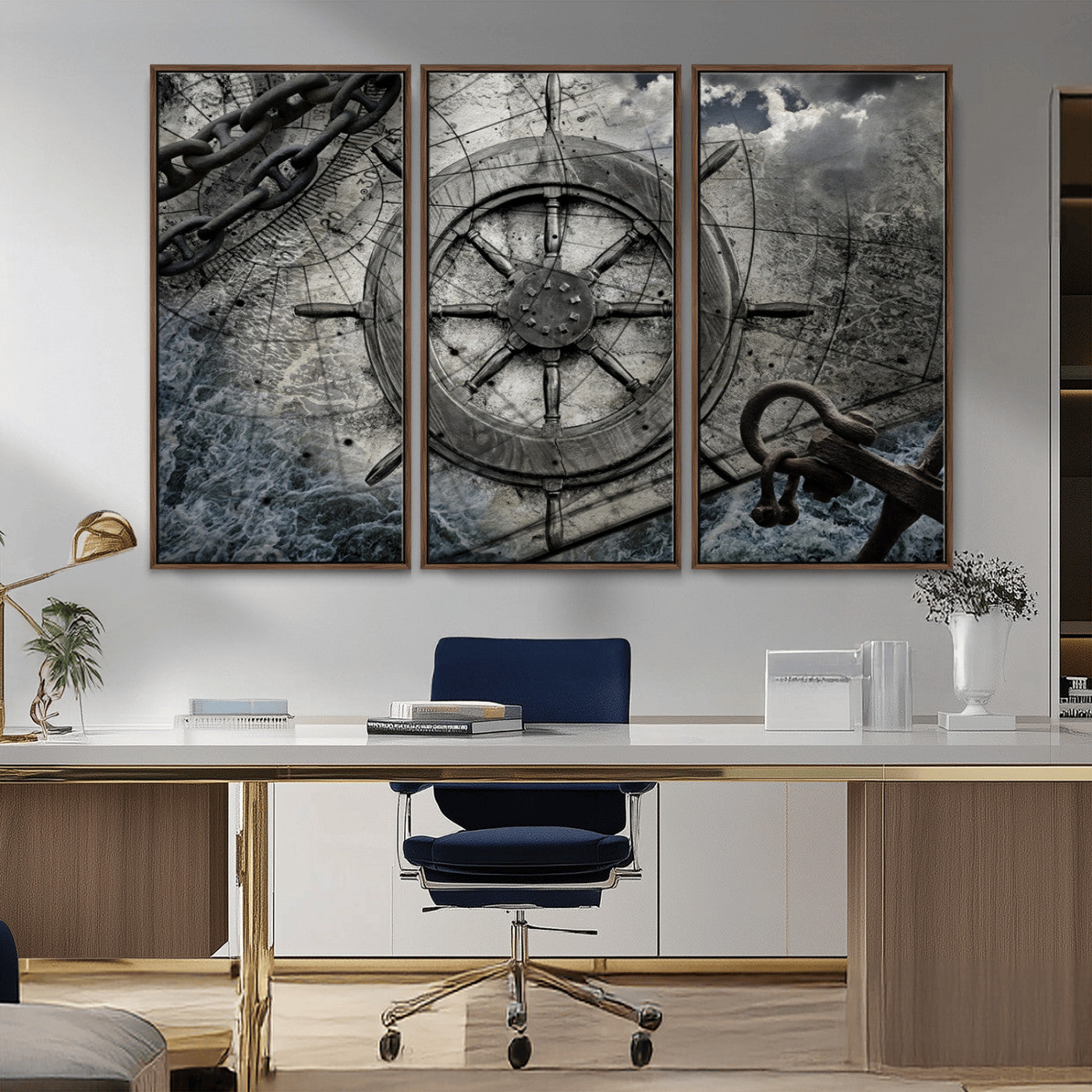 -Ship Steering Wheel Vintage Wall Art Canvas Print