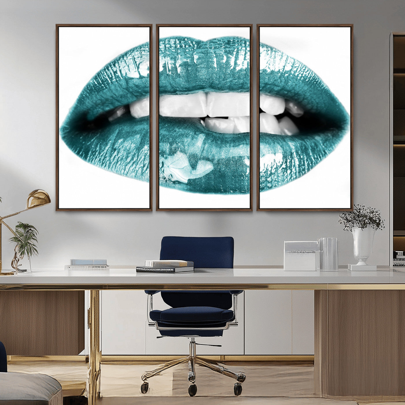 -Blue Lips Wall Art Canvas Print