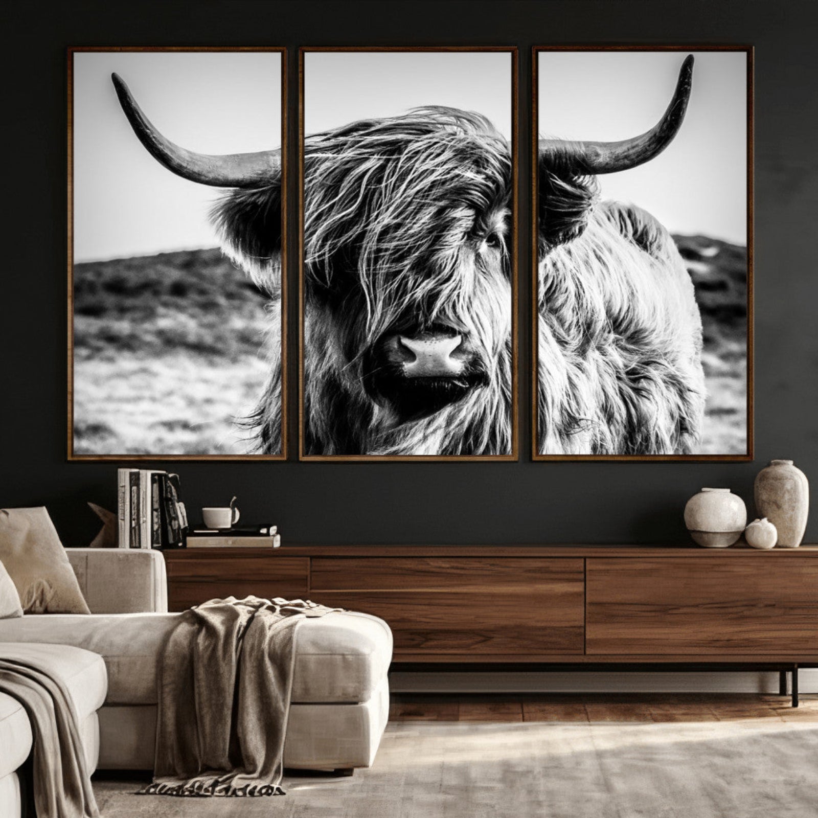 36979-MGV-CV-36X24 - Handsome Scottish Cow Black and White Wall Decor Canvas Art Print Extra Large Wall Art Highland Cattle Canvas Picture Animal Art Nature Photography High Quality Original Canvas Framed Ready to Hang