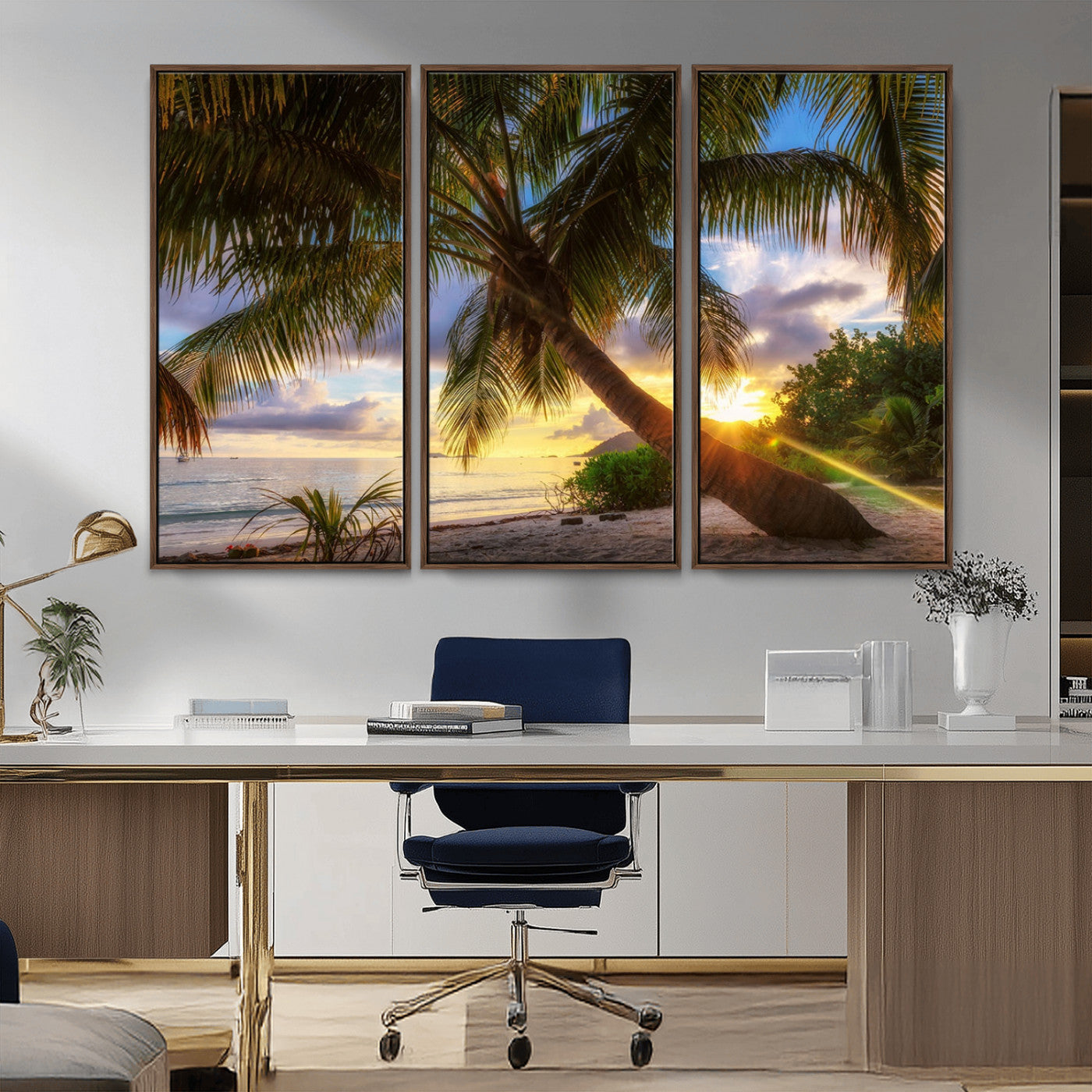 -Tropical Island Sunset on the Beach Palms Wall Art Canvas Print