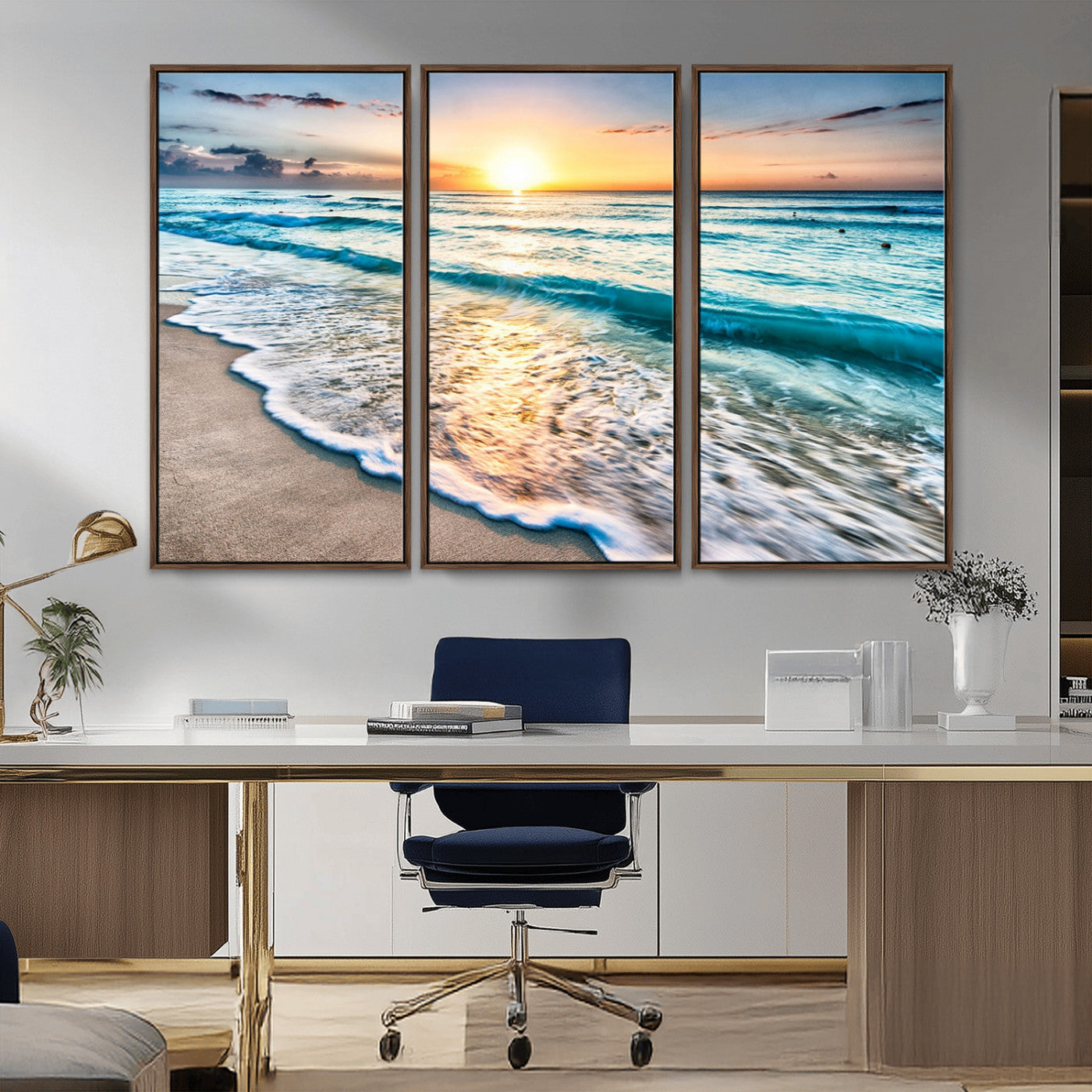 -Sunset Beach Waves Canvas Wall Art – 5-Panel Ocean Sunset Print – Coastal Decor for Living Room or