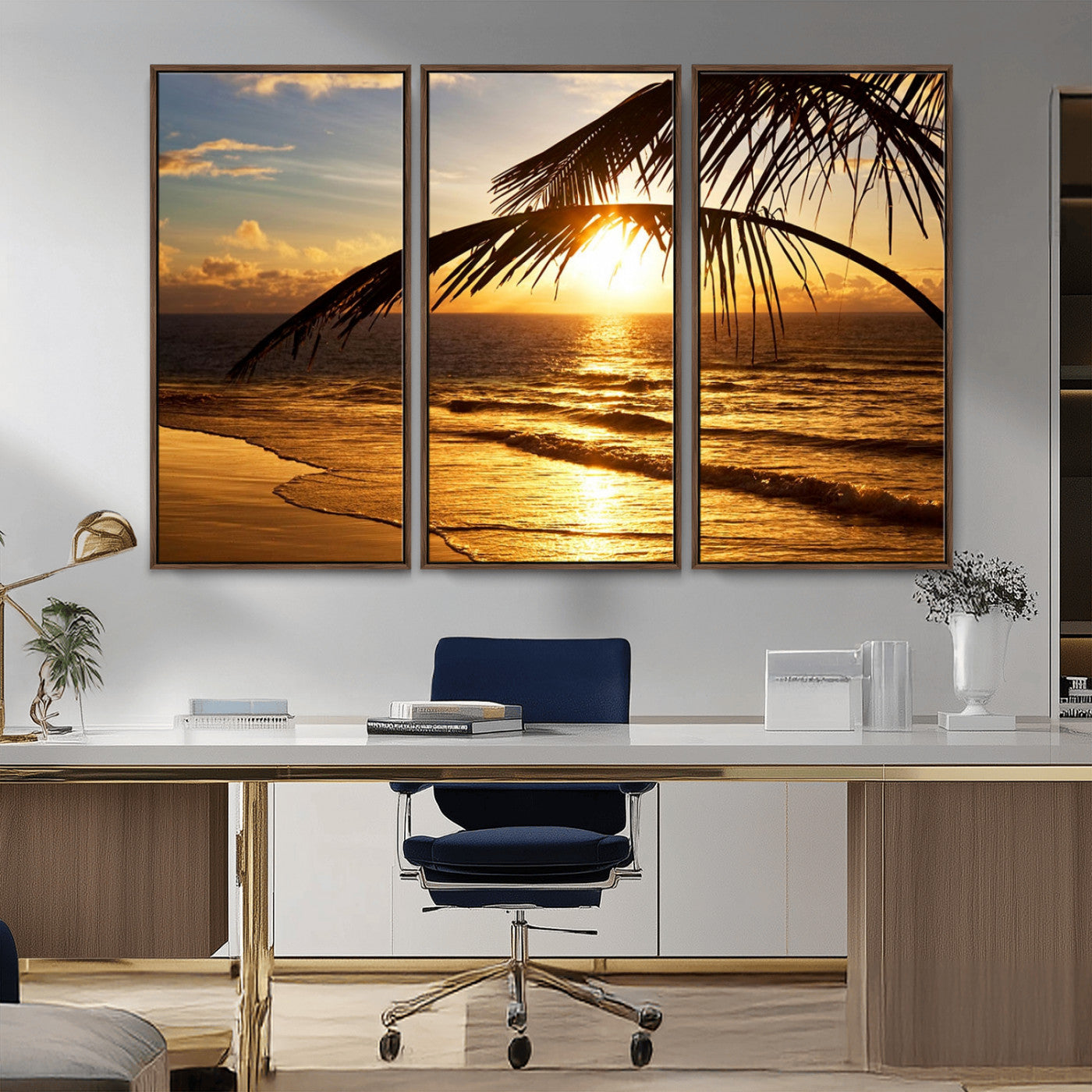-Golden Tropical Beach Sunset Canvas Triptych, Coastal Palm Tree Wall Art, Ocean Shoreline Giclee