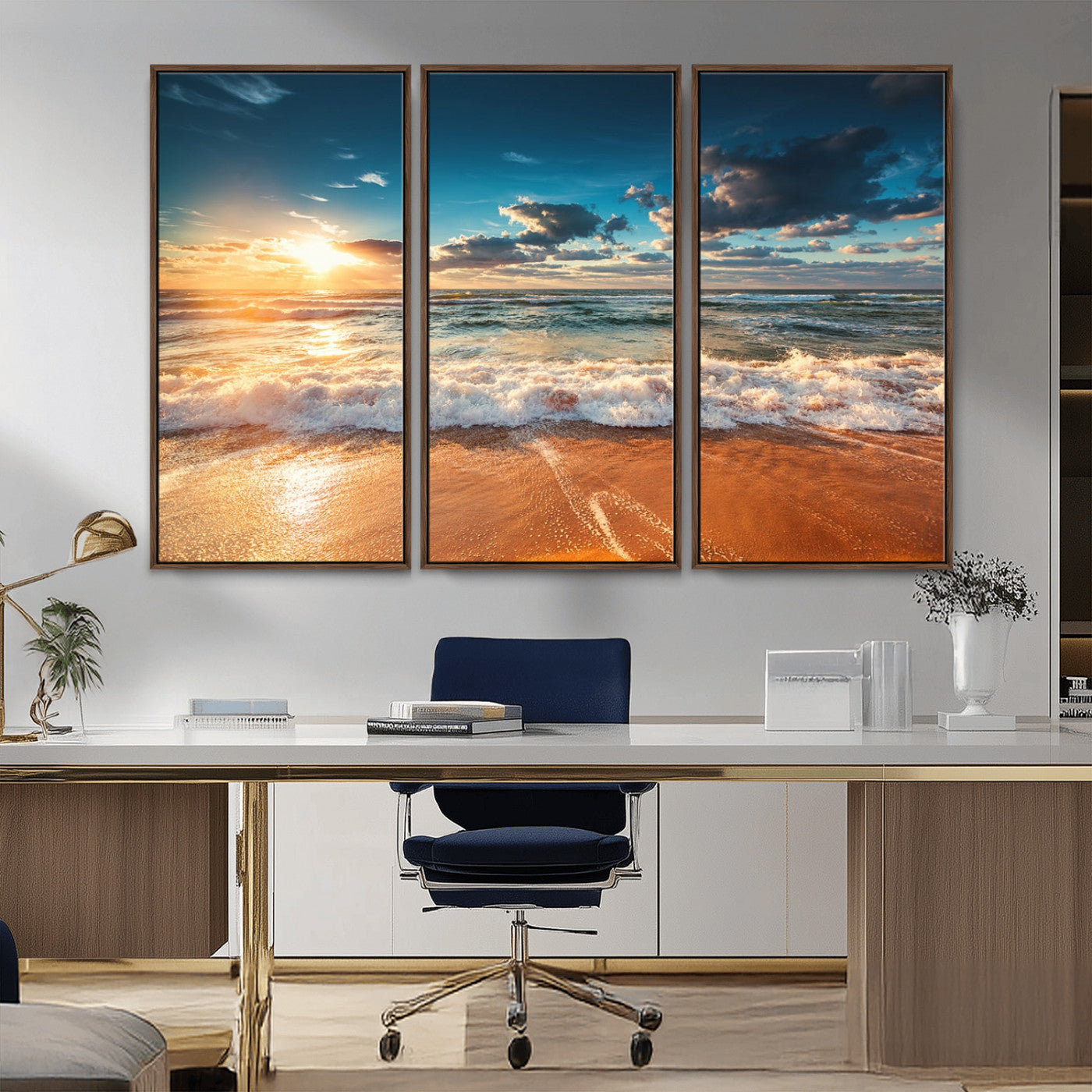 -Golden Sunset Beach Triptych Canvas Art, Giclee Coastal Wall Decor, Ocean Waves Print, Modern Beach