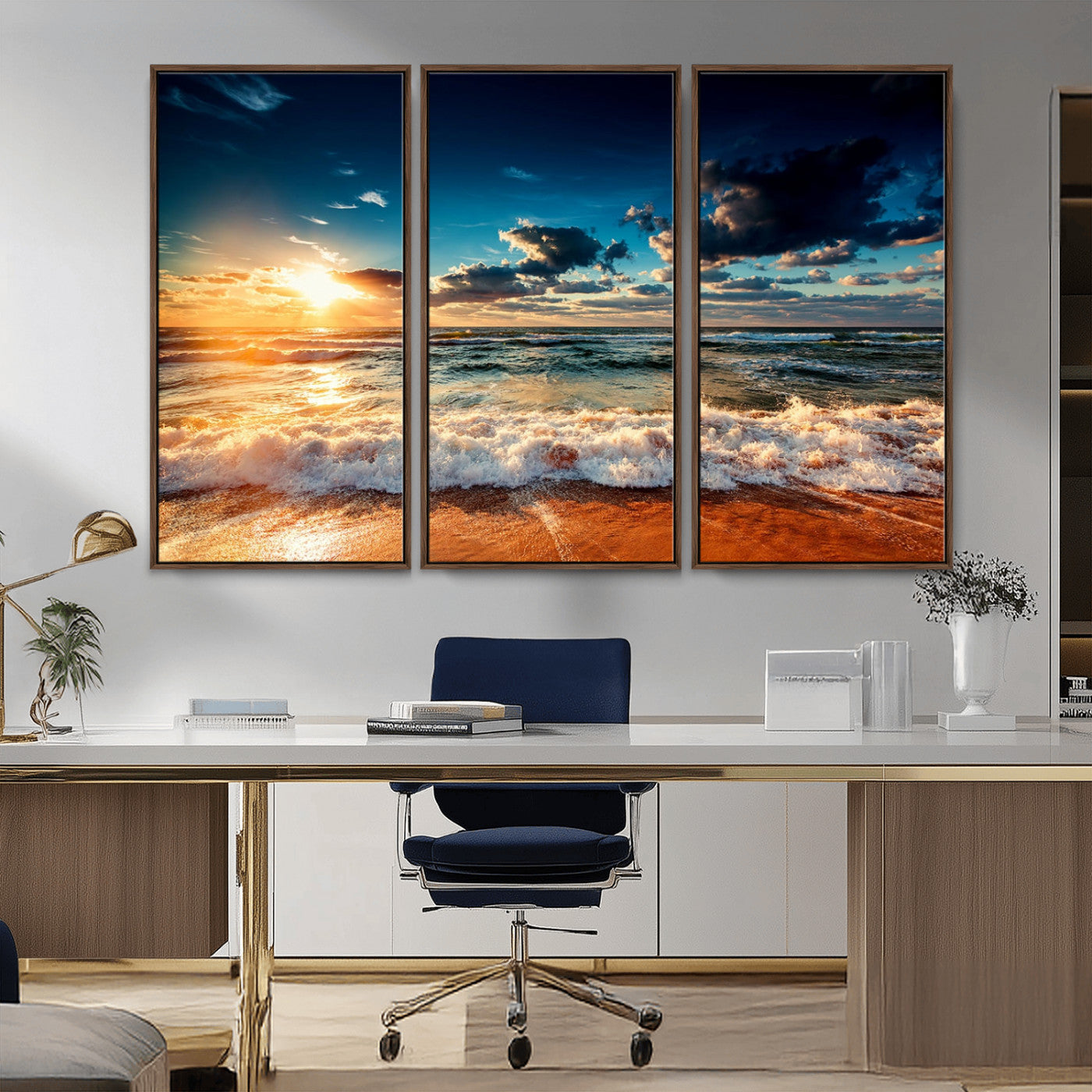 -Golden Hour Sunset Over Ocean Waves Wall Art Canvas Print | 3 Panel Coastal Landscape Canvas Wall