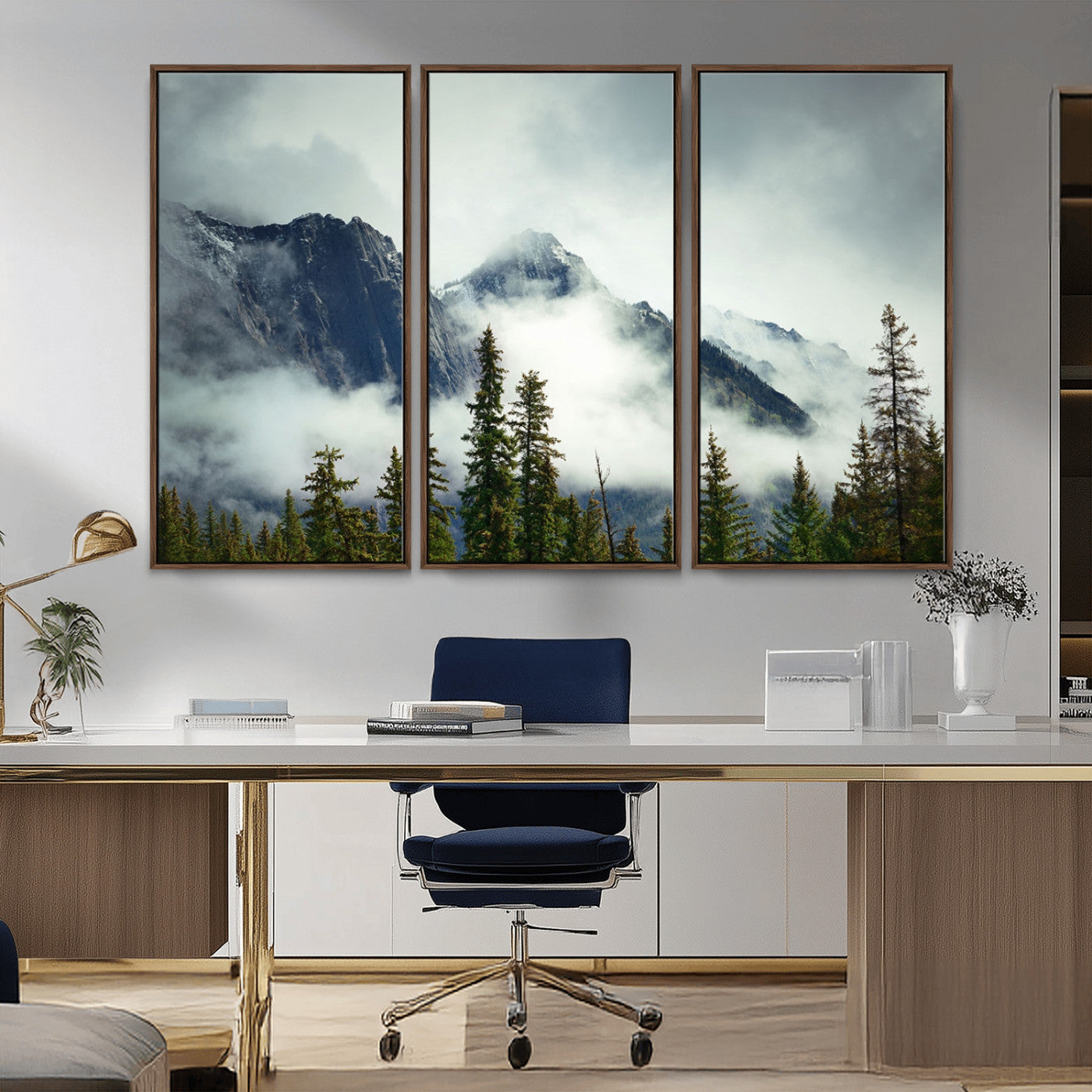 -Mountain Mist Canvas Wall Art Print | 3-Panel Foggy Forest and Mountain Landscape | Large Giclee