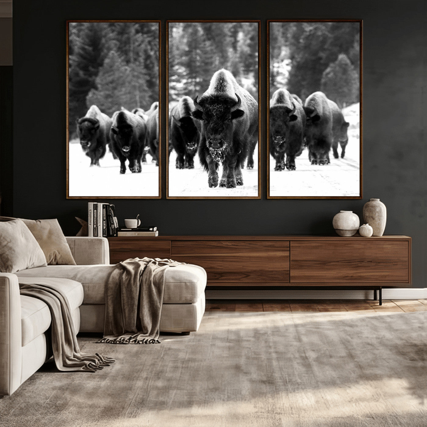 62434-MGV-CV-36X24 - Bison Herd in Snow Wall Art Canvas Print | Rustic Western Bison Wall Art for Decor for Living Room