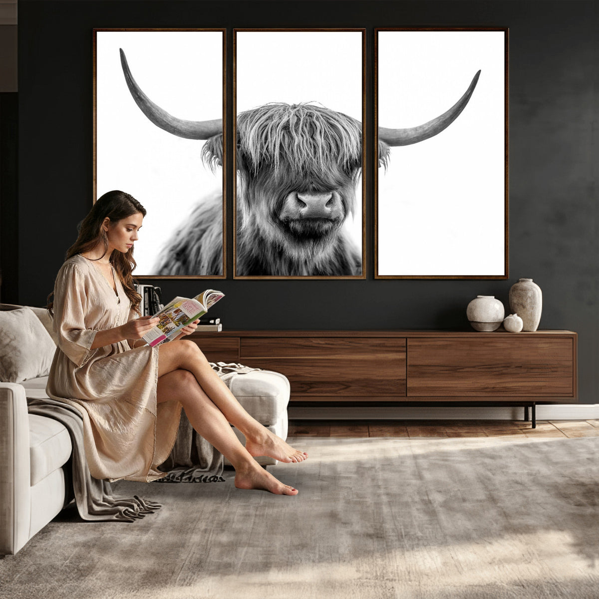 75503-_Poster-30x20 - Scottish Highland Cow Cattle Art Print Wall Art Canvas Print for Farmhouse Decor, Framed Scottish