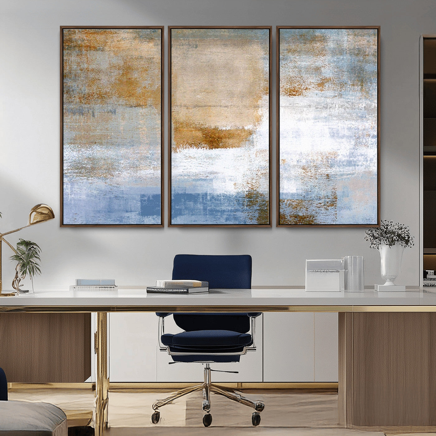 72354-MGV-CV-36X24-Blue Multi Panel Abstract Wall Art Canvas, Abstract Blue and Gold Canvas Print