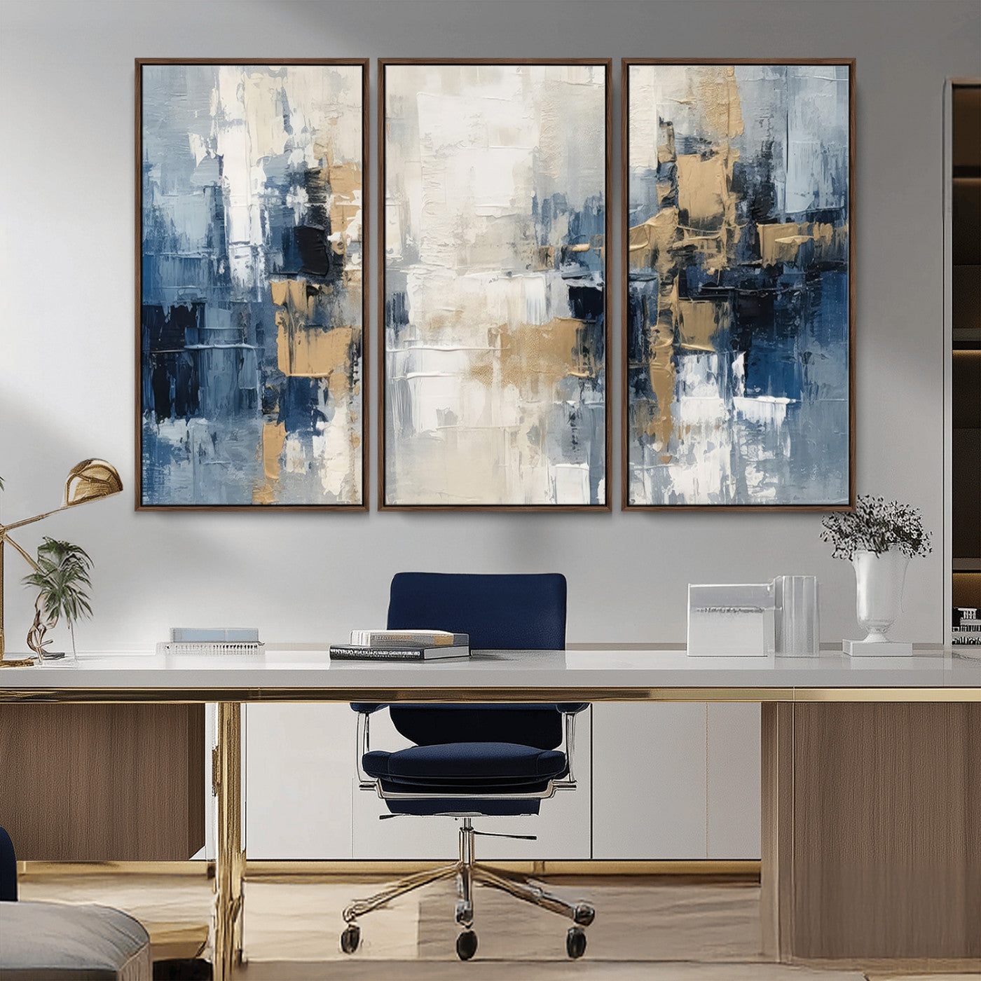 44344-MGV-FC-48X32-3P_Walnut-Modern Abstract Canvas Wall Art in Blue and Gold Tones | Large Contemporary Art for Living Room,