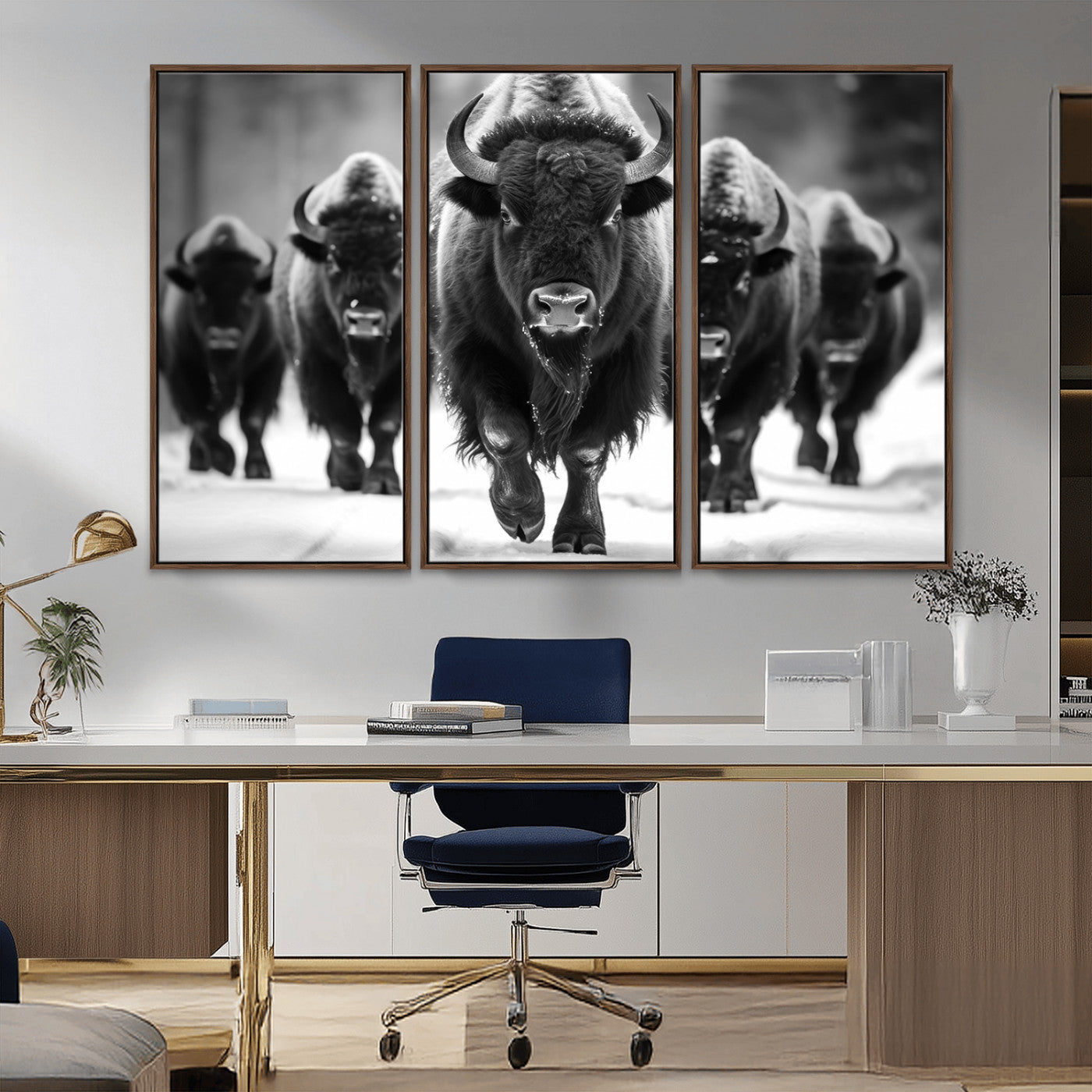 -American Bison Art | Buffalo Herd Wall Art Canvas Print, BW American Bison Herd Wall Art Canvas
