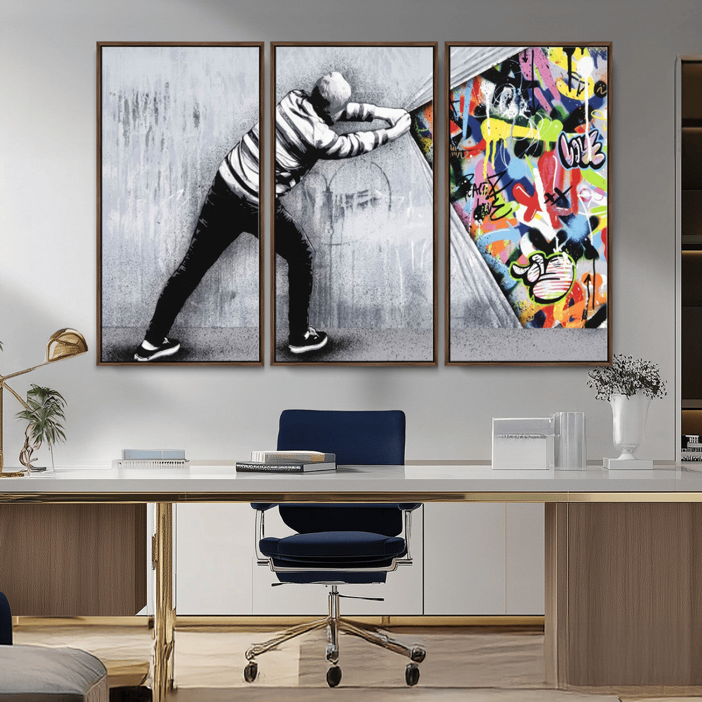 52252-MGV-CV-36X24-Banksy Art Behind the Curtain Street Wall Art Canvas Print | 3-Panel Urban Graffiti-Inspired Wall