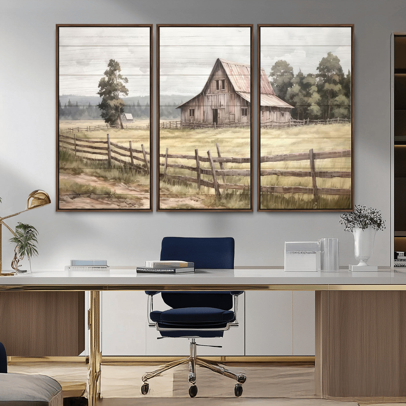 87489-MGV-CV-36X24-Rustic Farmhouse Barn Wall Art | 3-Panel Framed Gallery Wrap Giclee Canvas Print for Living Room,
