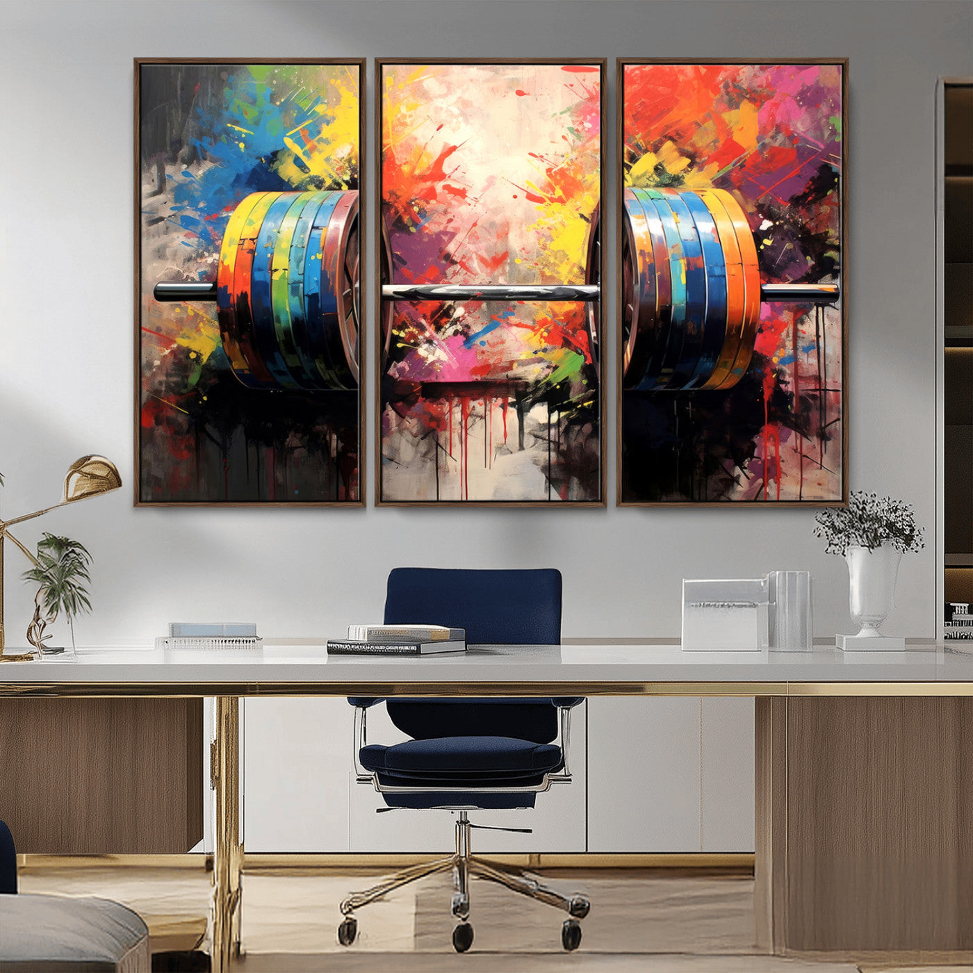 80436-MGV-FC-48X32-3P_Walnut-Weightlifting Barbell Art Triptych, Bold Abstract Fitness Wall Decor for Gym or Home, Giclee Canvas